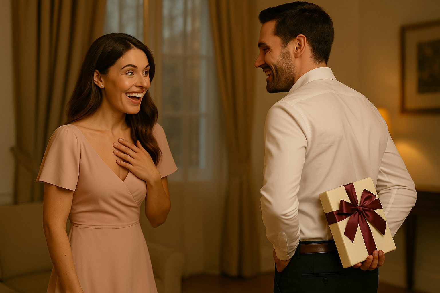 Bărbat elegant venind din lateral, ținând vizibil în spate un cadou ivoire cu fundă burgundy, surprinzând iubita care zâmbește fericită într-un decor cald și rafinat, imagine premium pentru categoria Cadouri pentru Iubită – House of Gifts