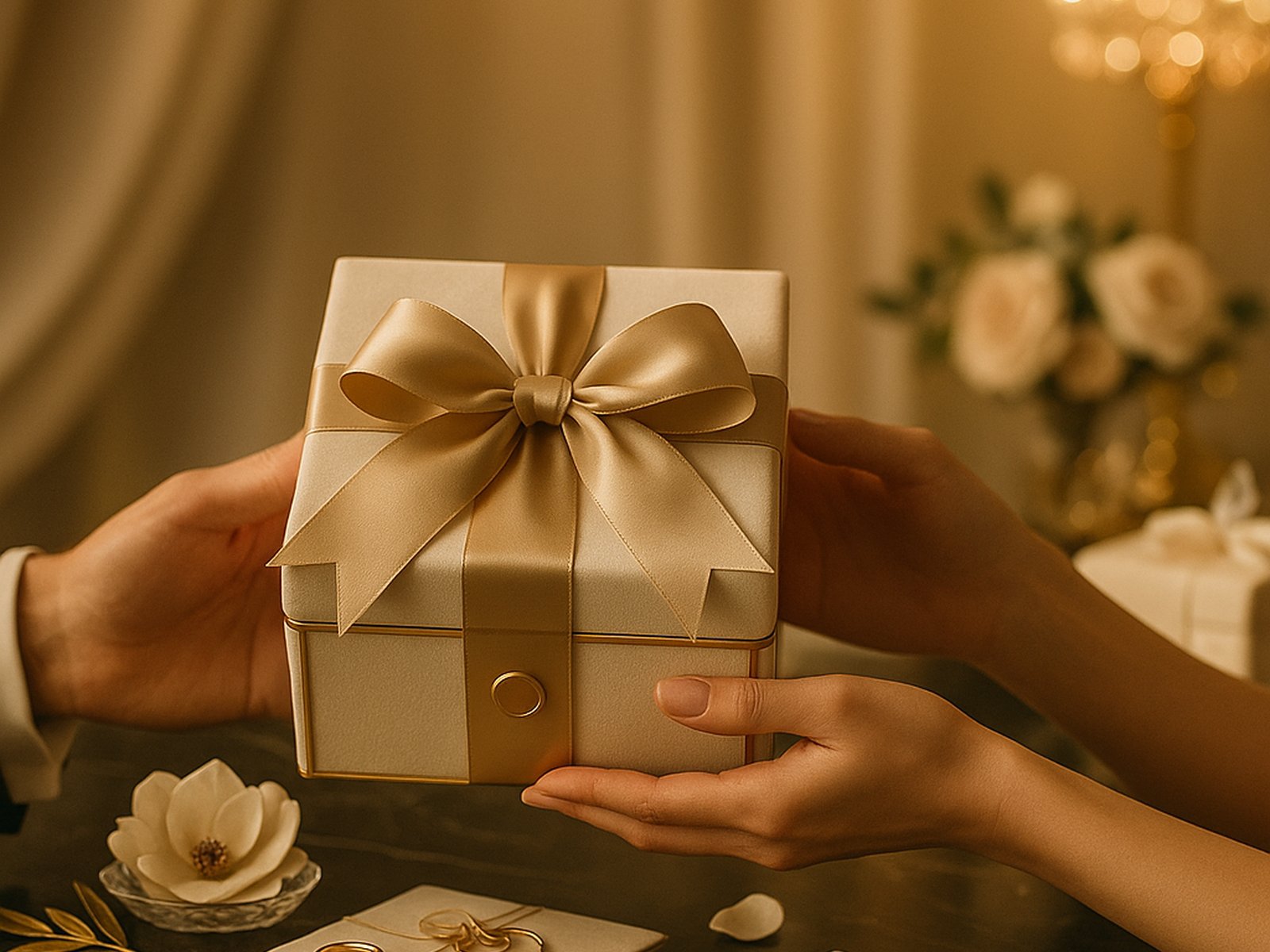 Mâini elegante oferind o cutie cadou din catifea ivoire, pe fundal difuz cu candelabru și aranjamente florale.