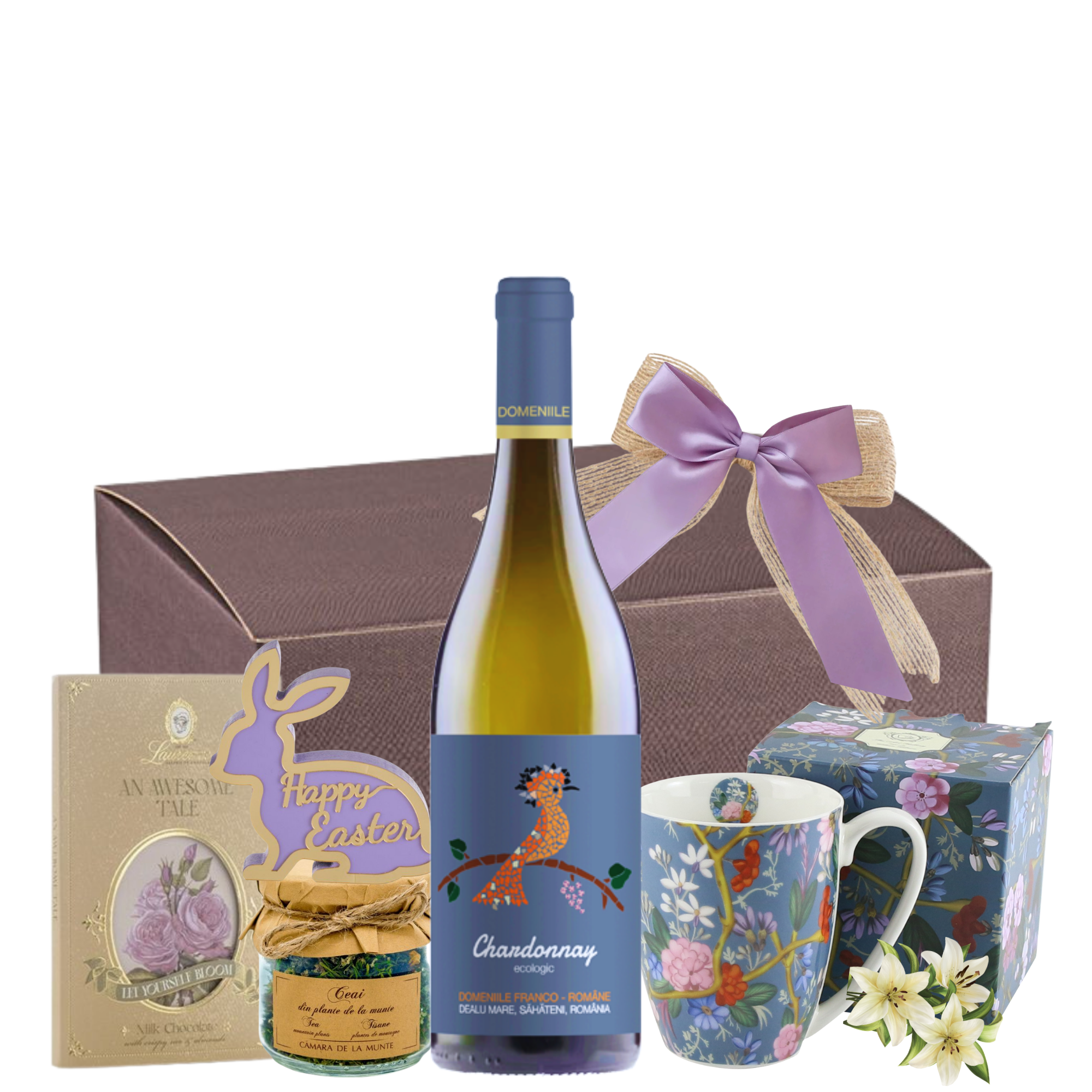 Coș Easter Elegance in Purple cu Chardonnay BIO, cană porțelan, ceai montan și decor „Happy Easter”