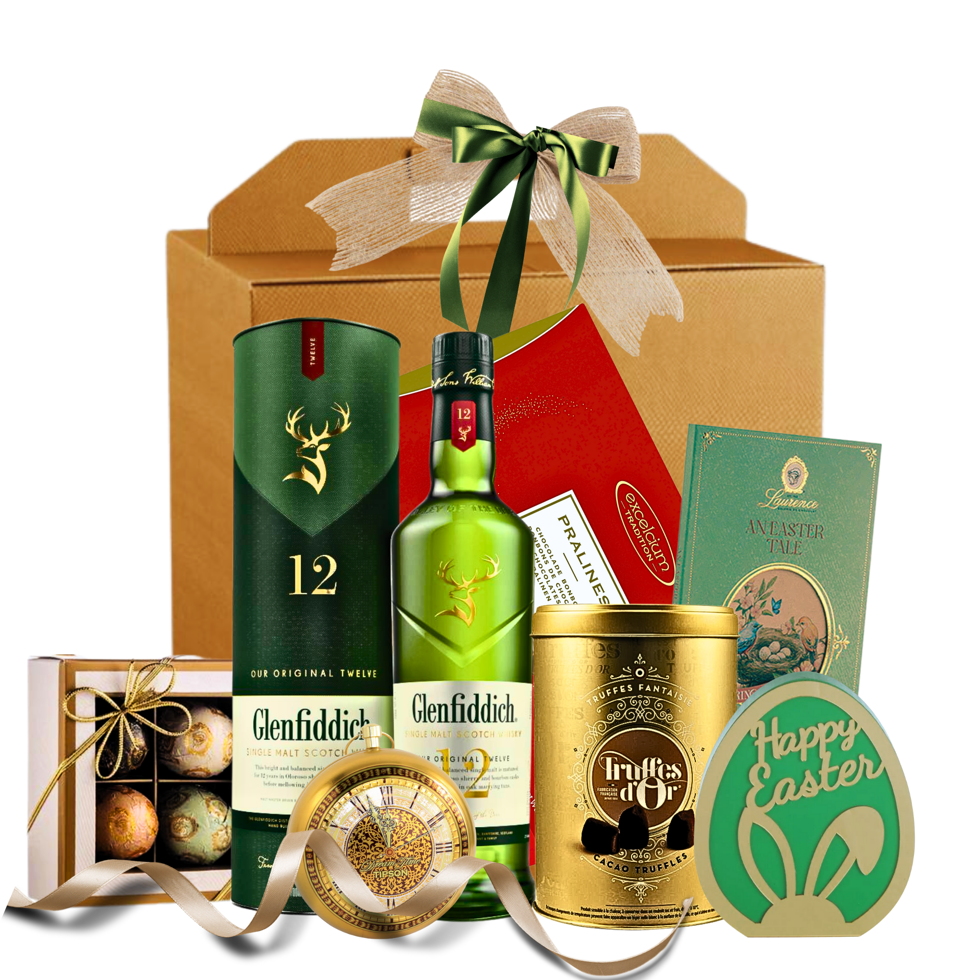 Cutie cadou Easter Extravaganza cu whisky Glenfiddich, trufe Mathez Gold și decorațiune Happy Easter