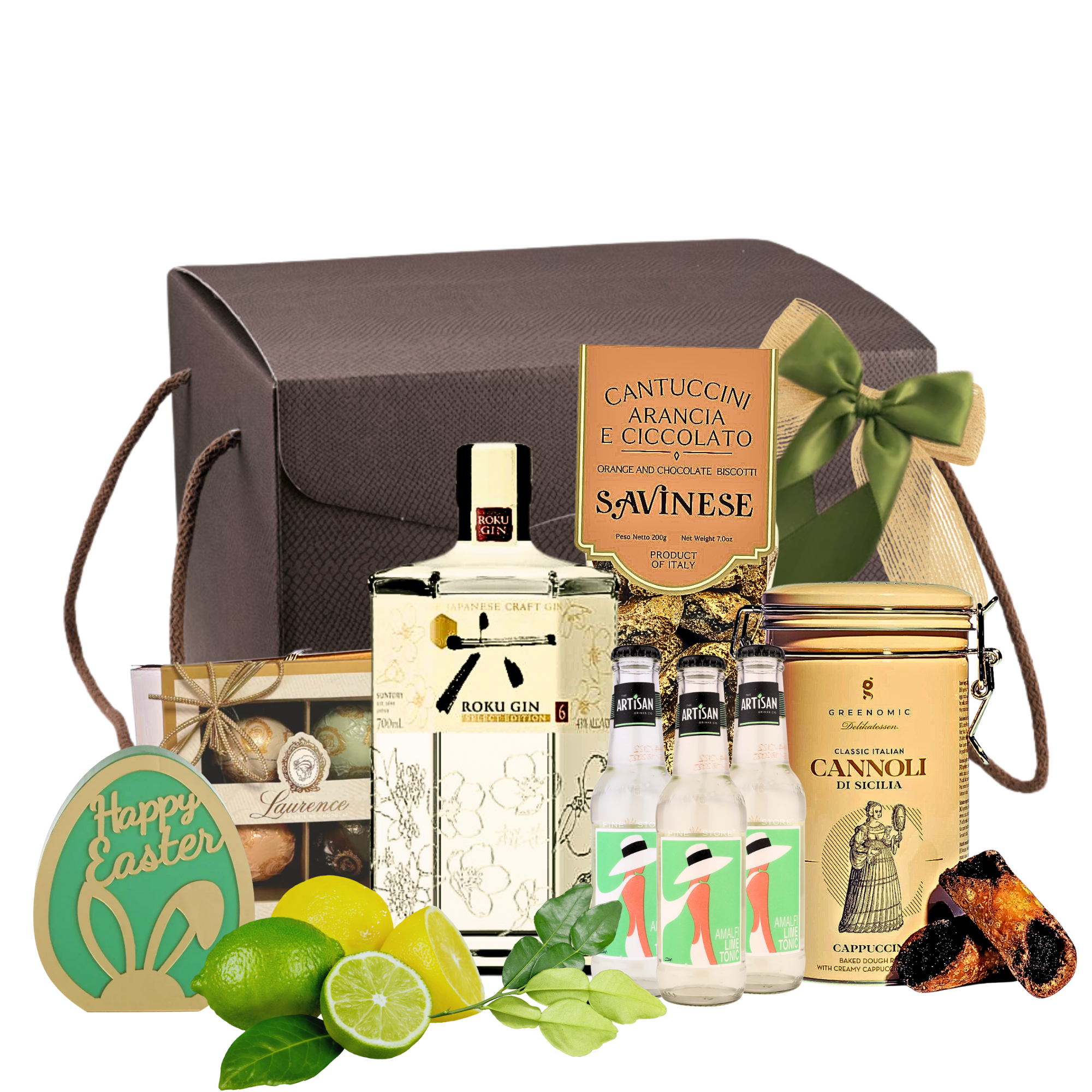 Coș Luxury Delight cu gin Roku, tonică Amalfi și delicii gourmet în ambalaj pastel
