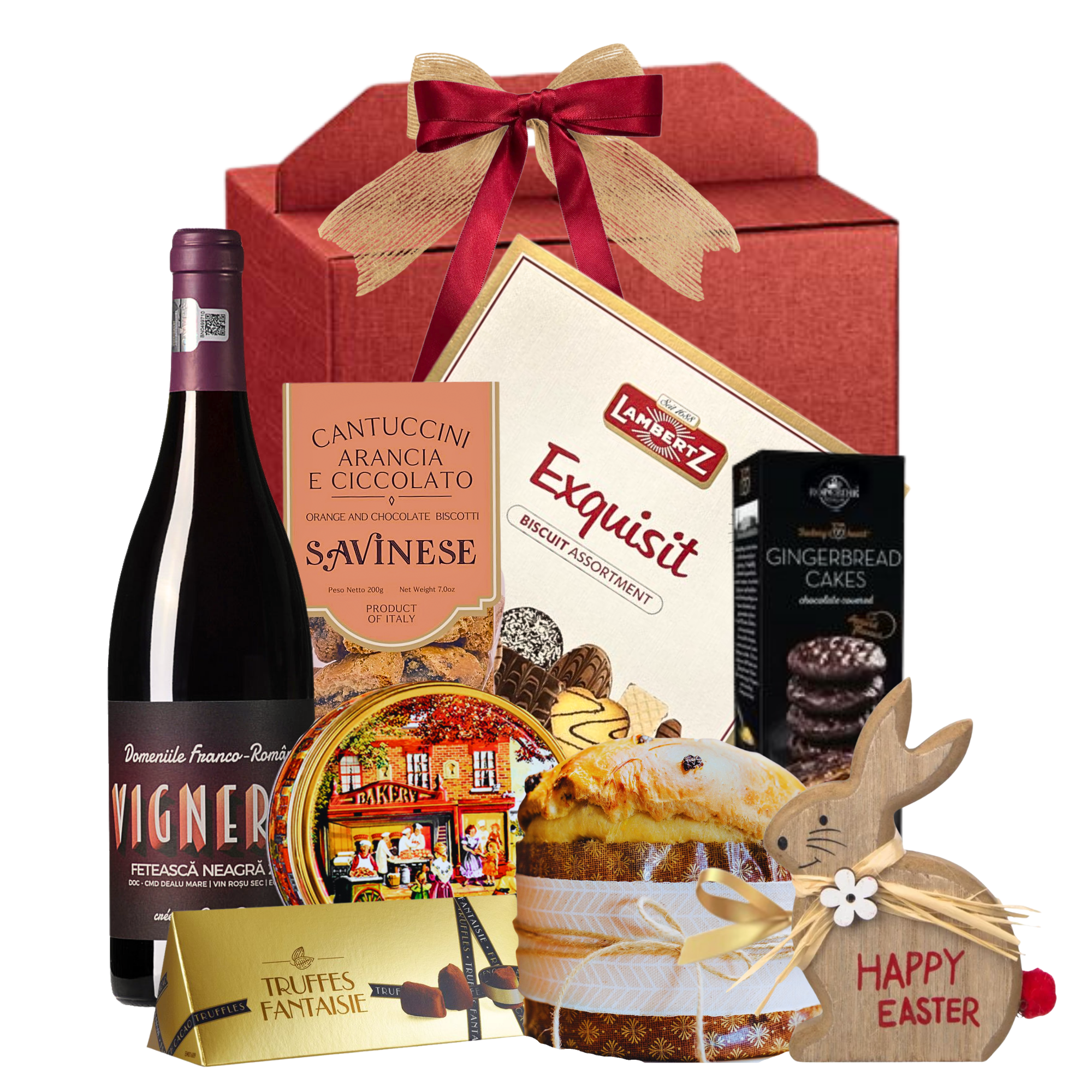 Coș Spring Sips & Bunny cu vin roșu, panettone, biscuiți gourmet și decorațiune Happy Easter