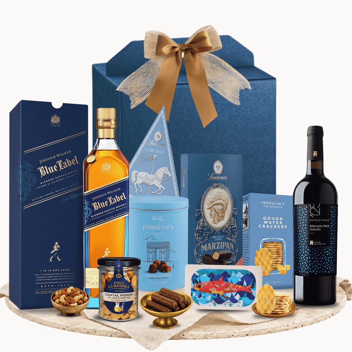 Cutie cadou Blue Label cu Johnnie Walker Blue Label și vin roșu Feudi Salentini Malvasia