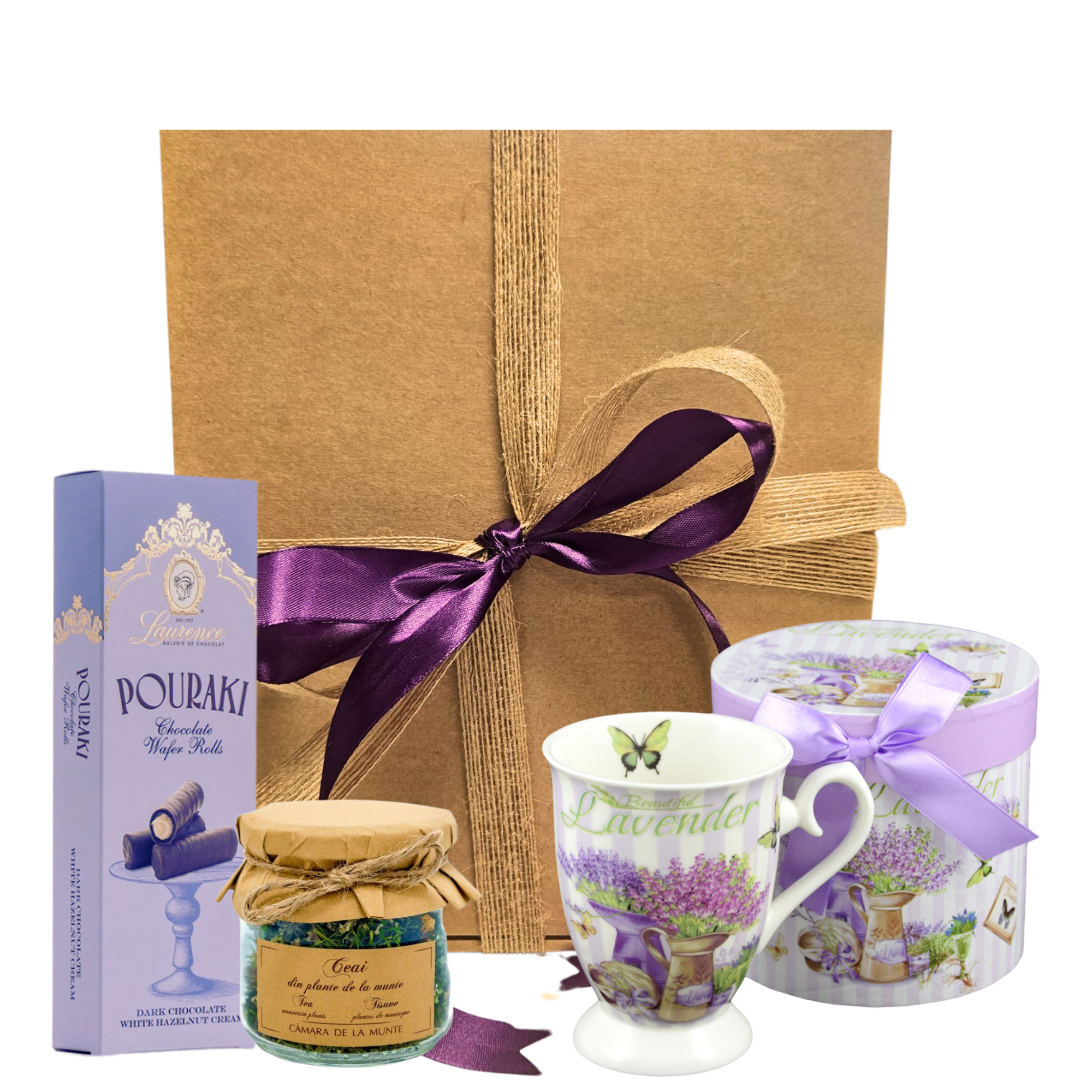 Set Elegant Lavender cu cremă de alune Laurence, ceai montan și cană ceramică lavandă în cutie decorativă