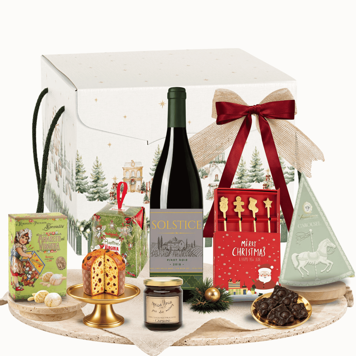 Cutie cadou Christmas Delight cu vin roșu Solstice și Laurence Choco-Pizza