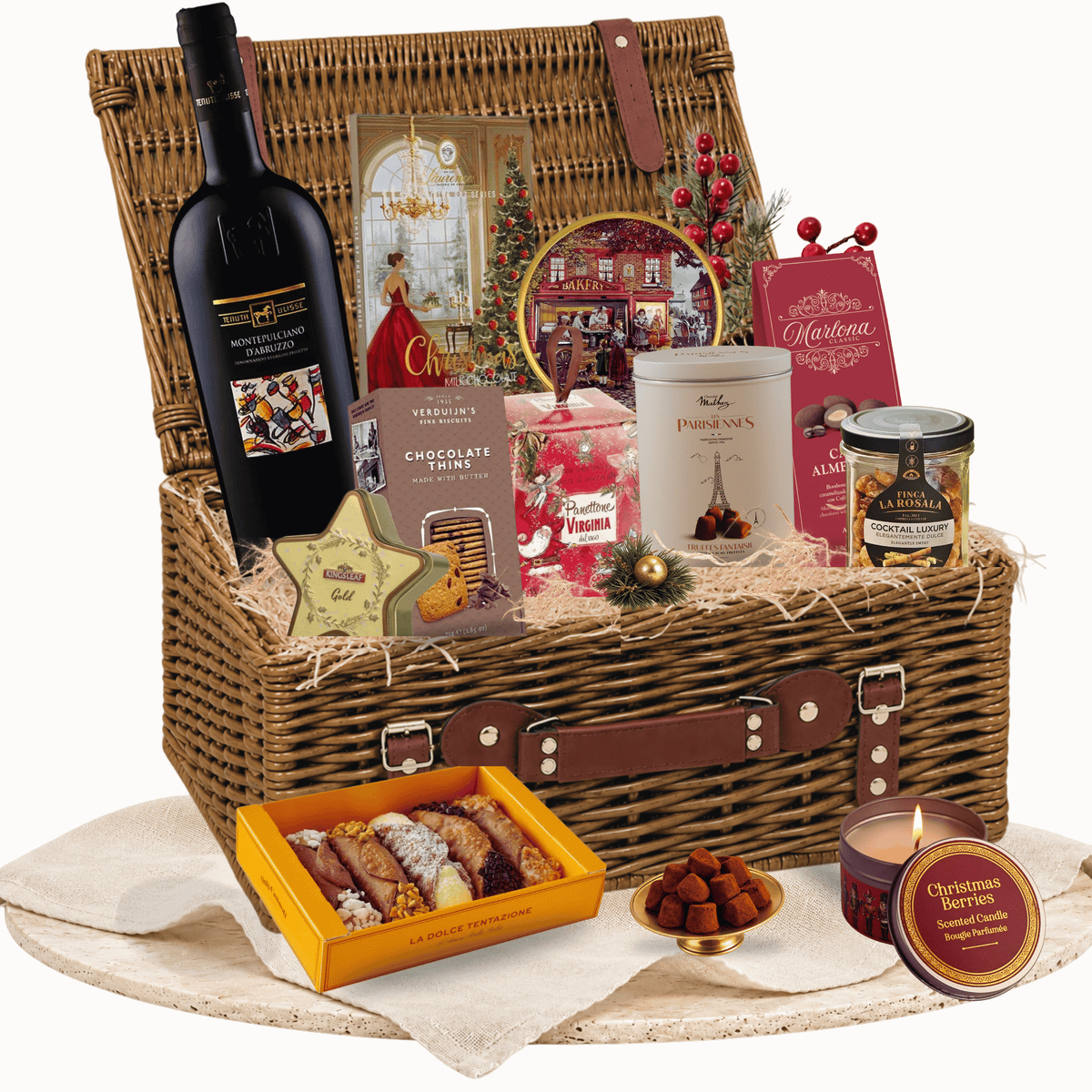 Coș cadou Christmas Table cu vin roșu Tenuta Ulisse și ciocolată Laurence Christmas