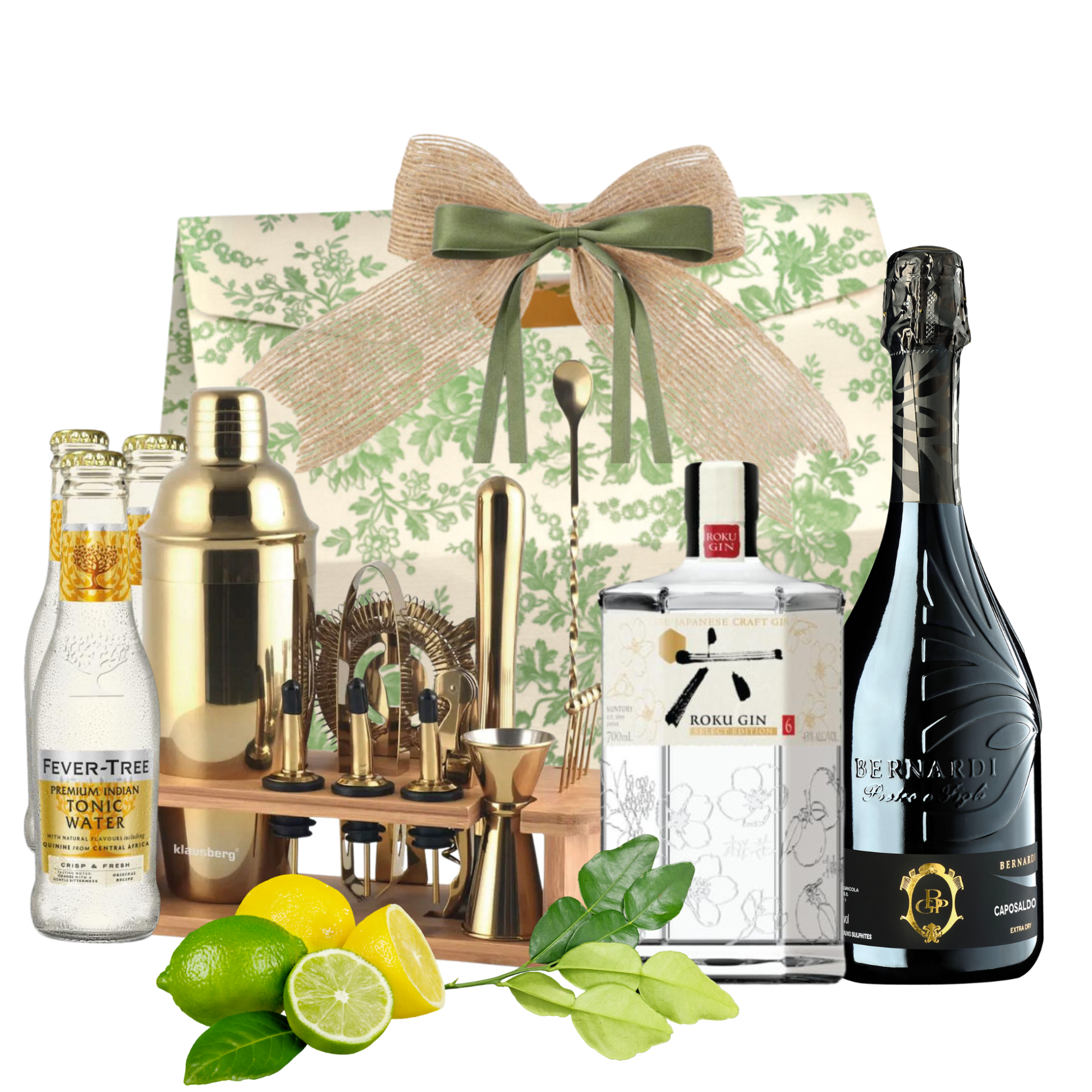 Set cadou Elegance & Mixology cu prosecco, gin Roku și kit bar auriu