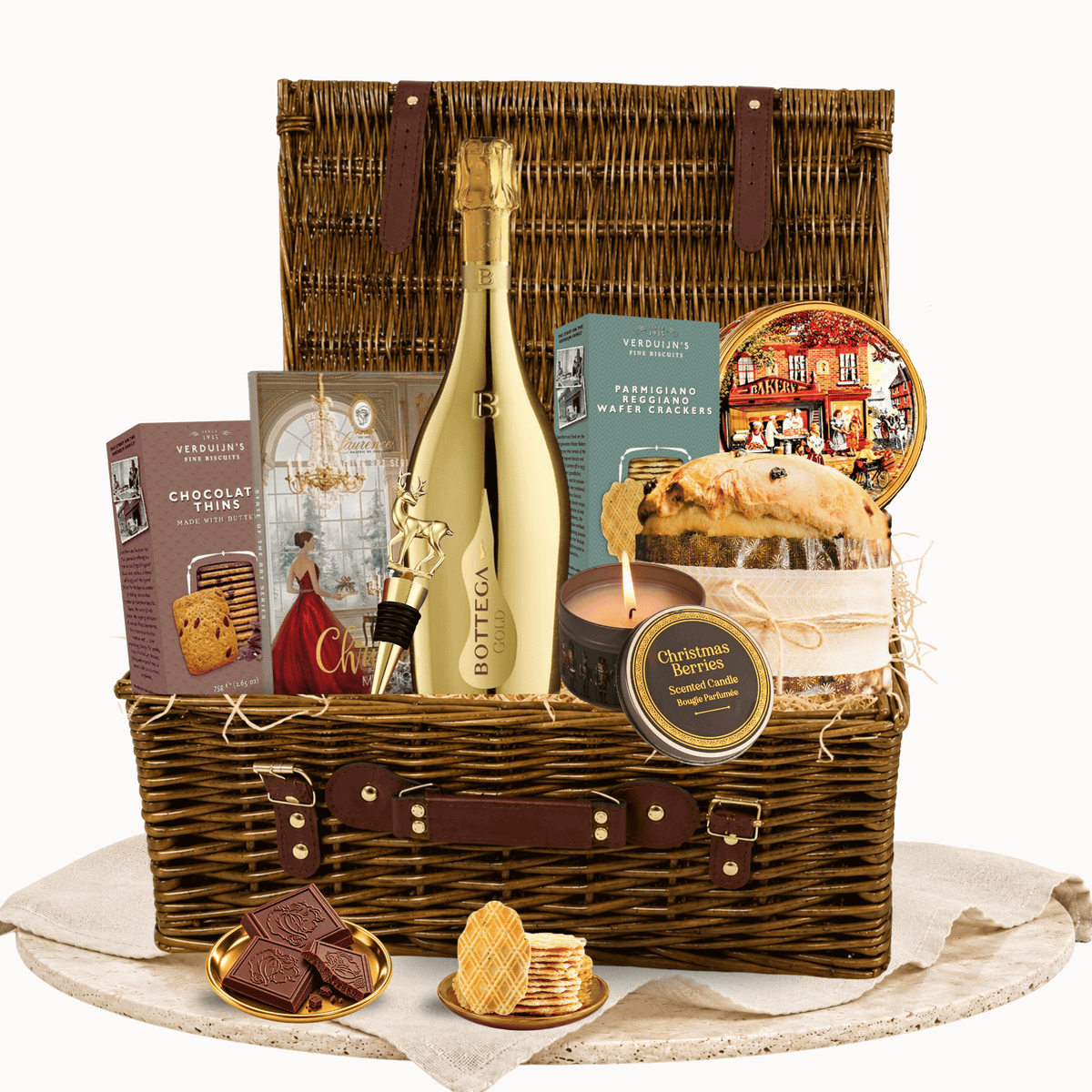Coș cadou The Festive Hamper cu prosecco Bottega Gold și ciocolată Laurence Christmas