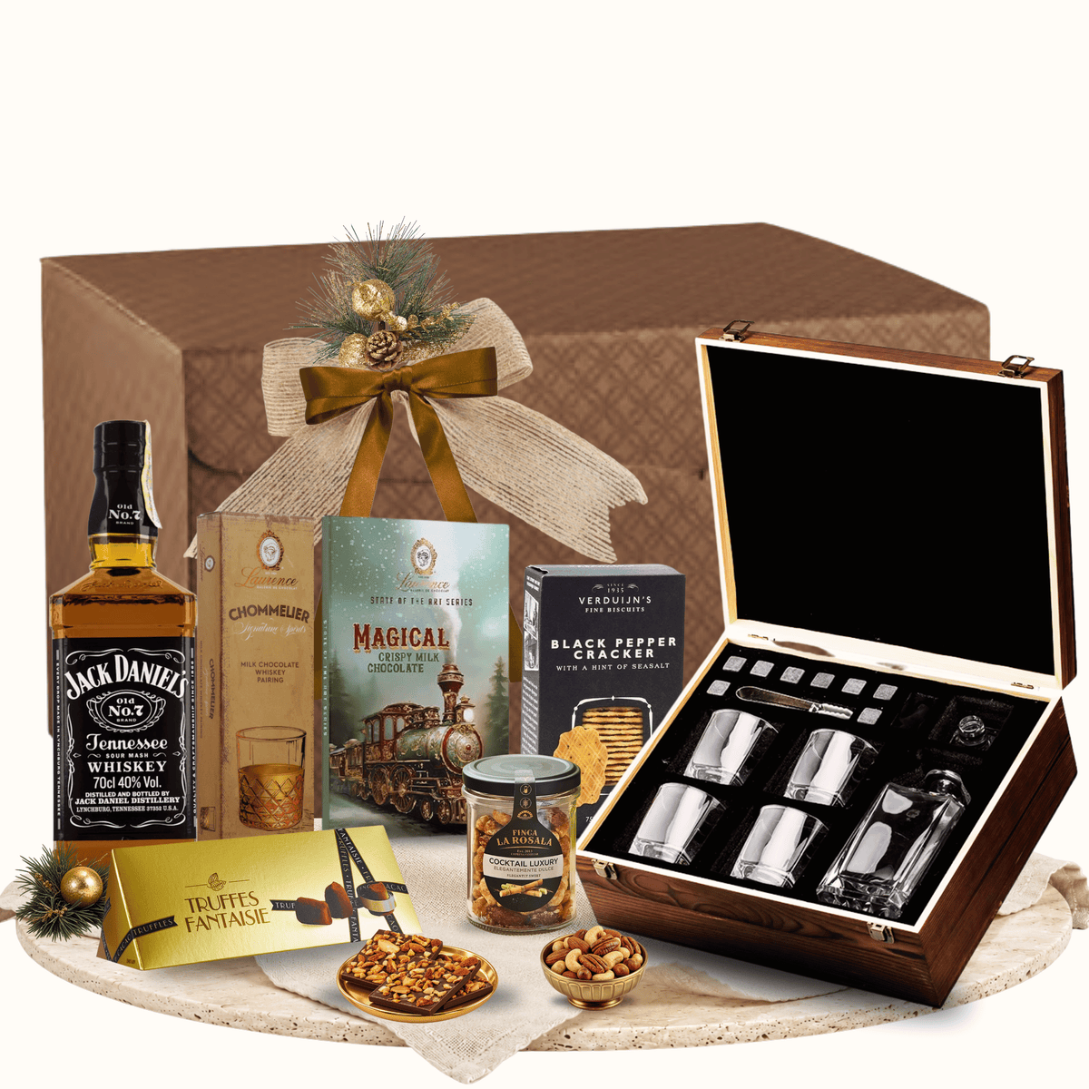 Cutie cadou The Whisky Cabinet cu Jack Daniel’s Old No. 7 și ciocolată Laurence Chommelier