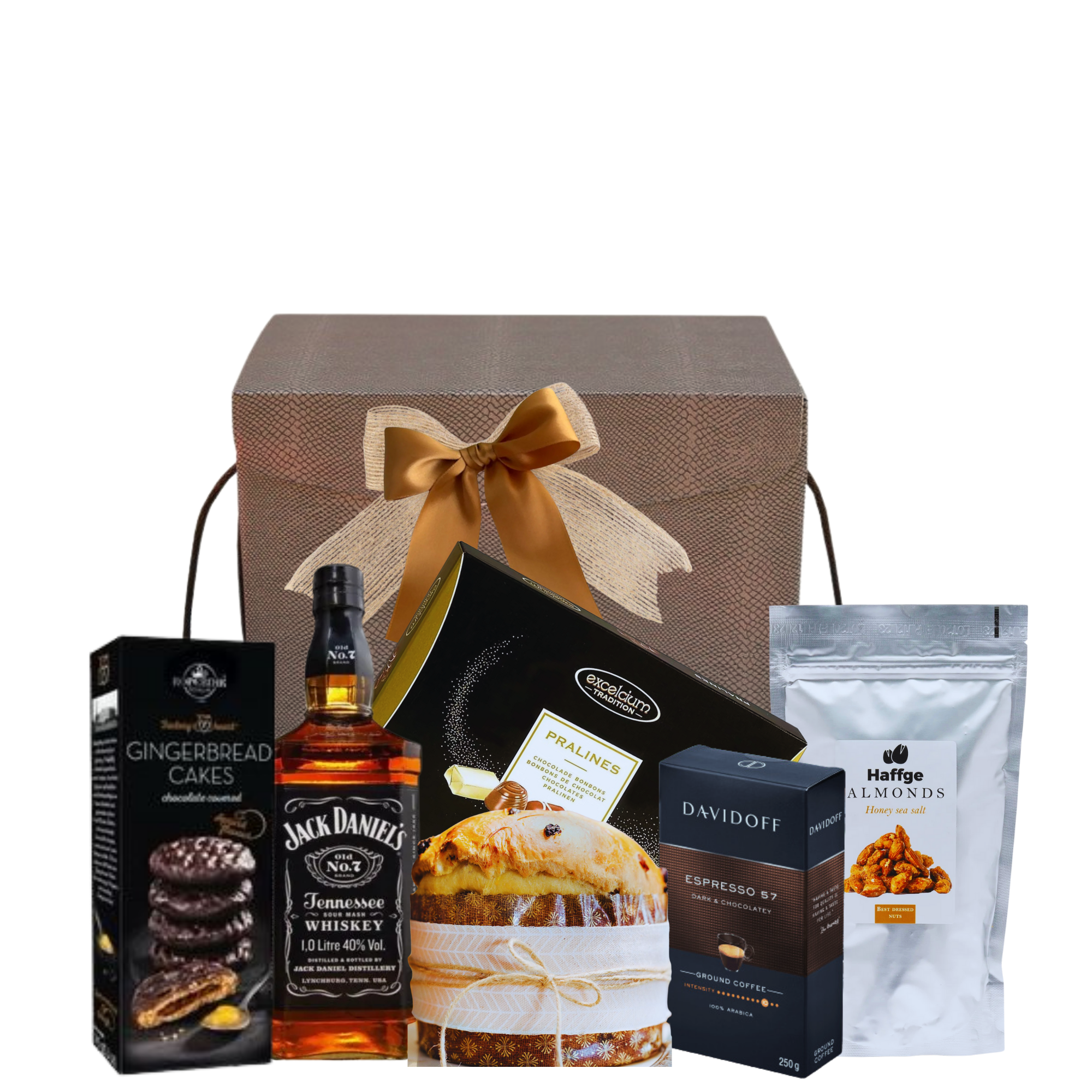 Set A Journey of Taste cu Whisky Jack Daniels, cafea Davidoff, praline Excelcium și panettone în cutie premium
