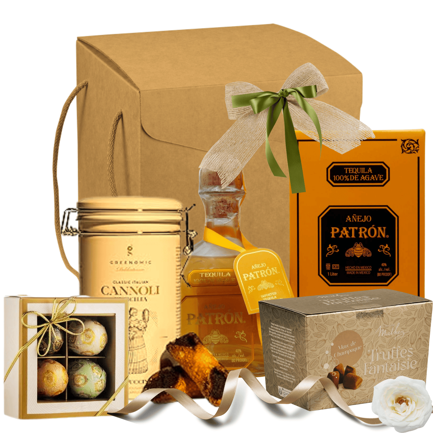 Set Cadou Anejo Patron cu tequila Añejo, cannoli, praline Laurence și trufe Mathez în cutie premium