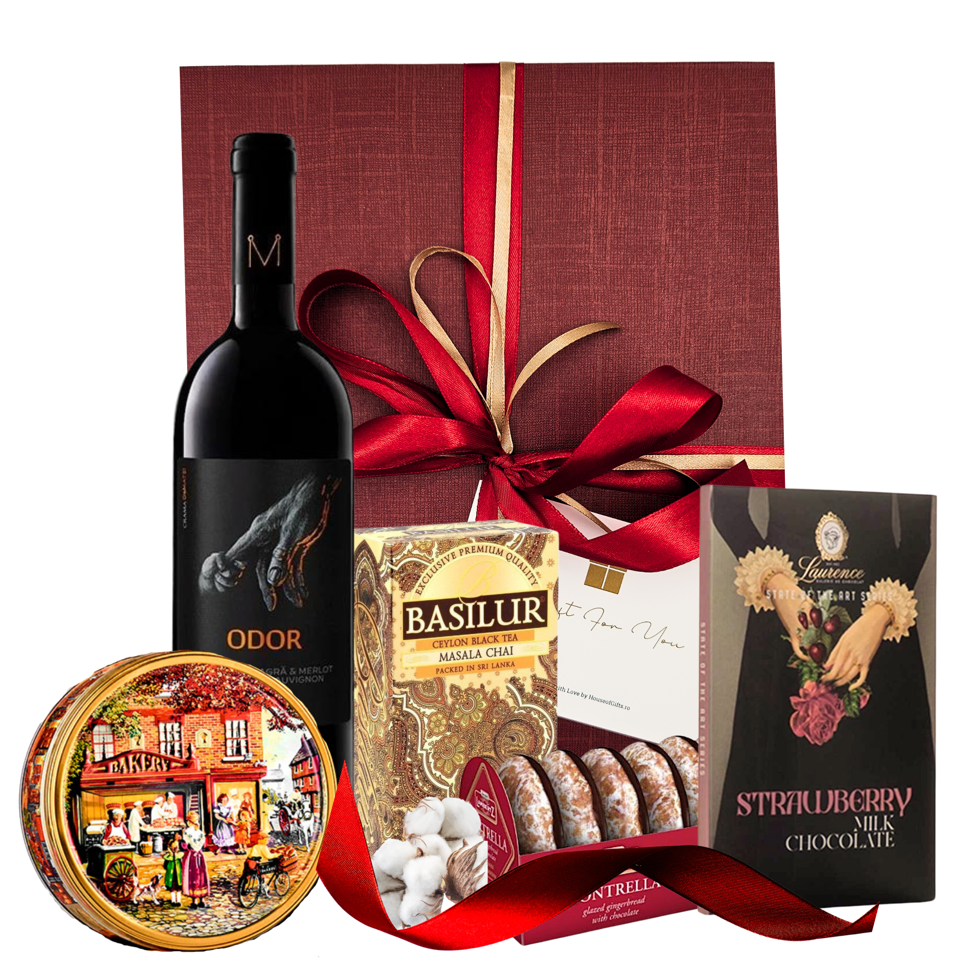 Coș Aurum Ruby cu vin Roșu Odor, ceai Masala Chai, fursecuri Jacobsen, turtă dulce și ciocolată Laurence în ambalaj premium