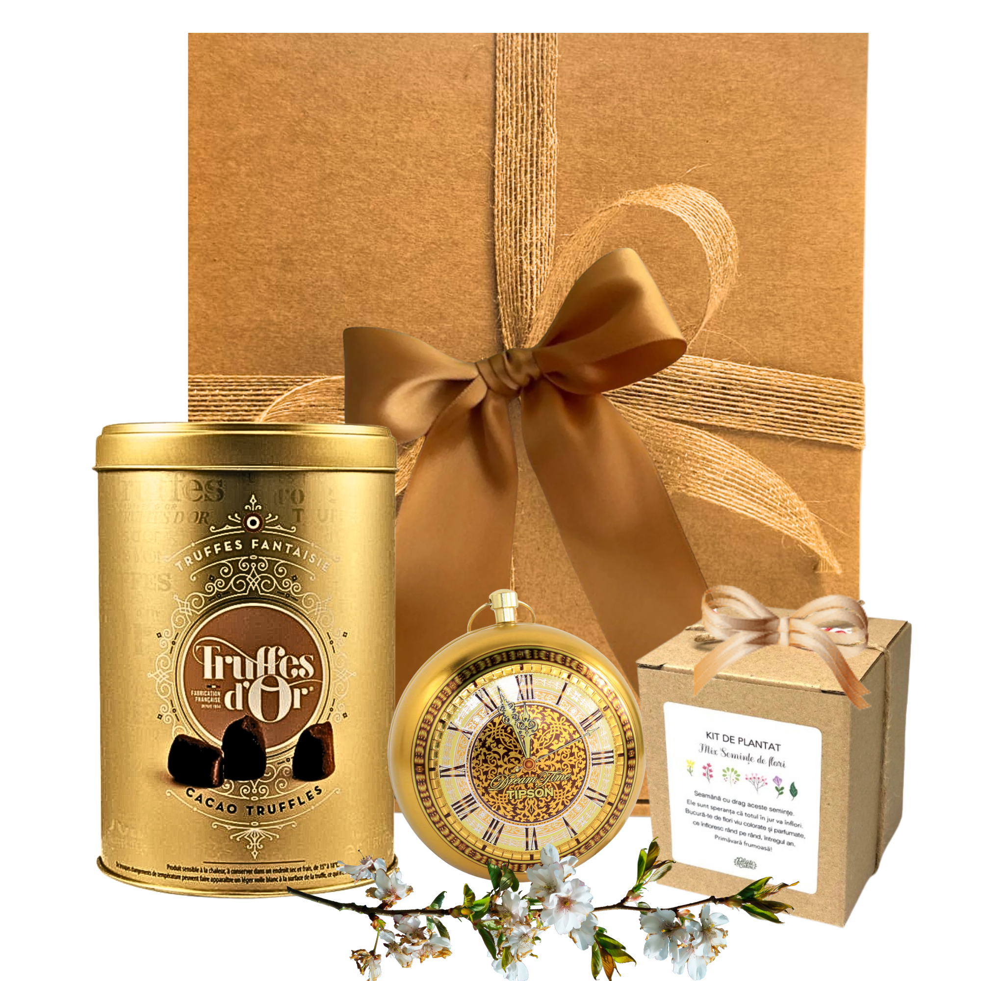 Coș Bloom O’Clock cu trufe, ceai regal și kit de plantat flori, ambalat premium