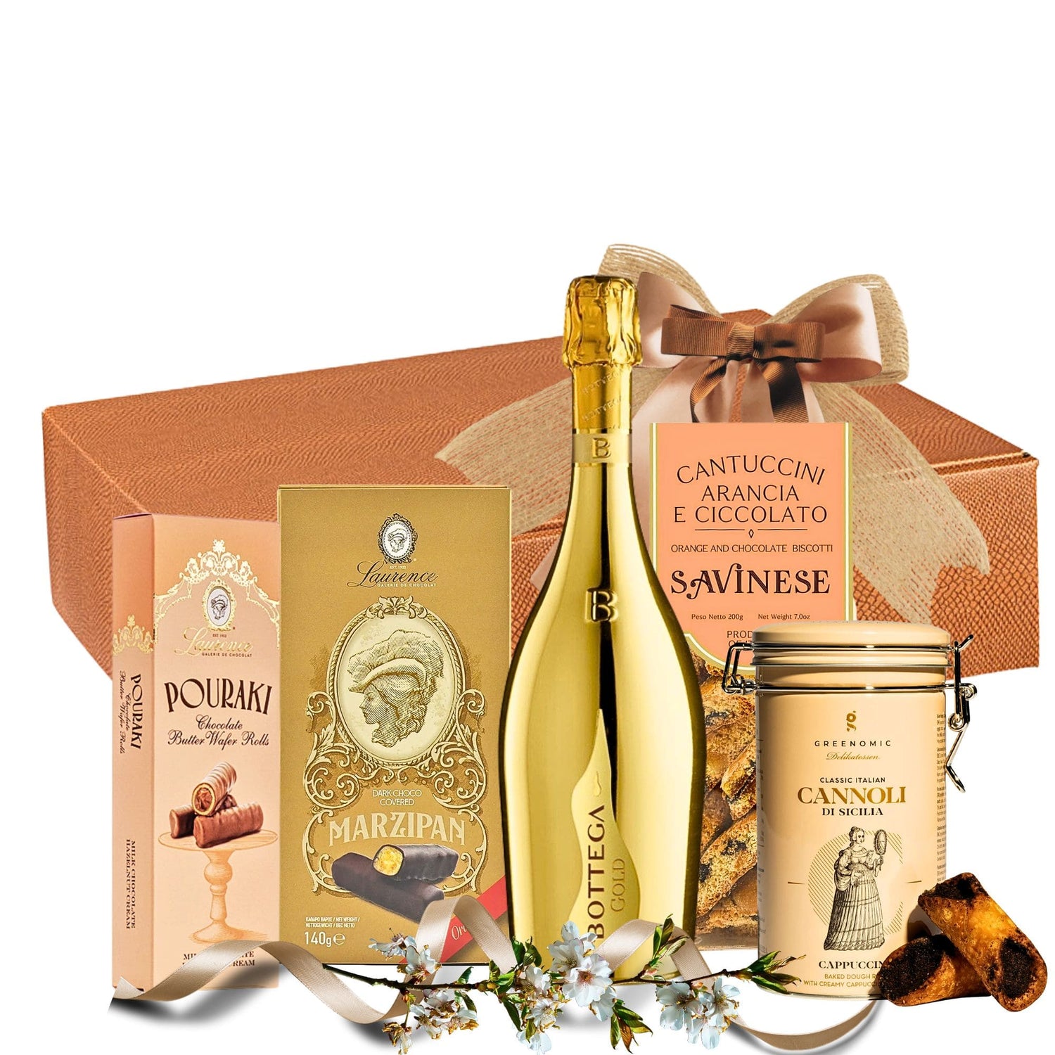 Pachet cadou Bottega Bubble Magic cu prosecco Bottega, biscuiți și praline, ambalat premium