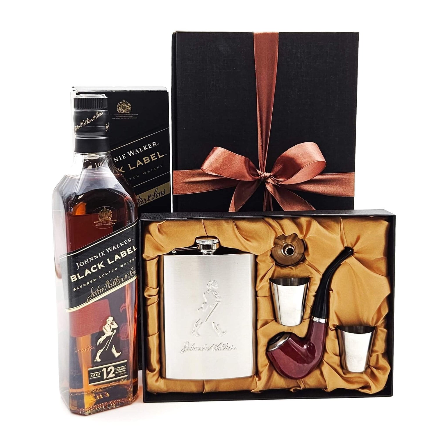 Coș Black Label Collection cu whisky Johnnie Walker Black Label, set cadou 5 piese și cutie premium