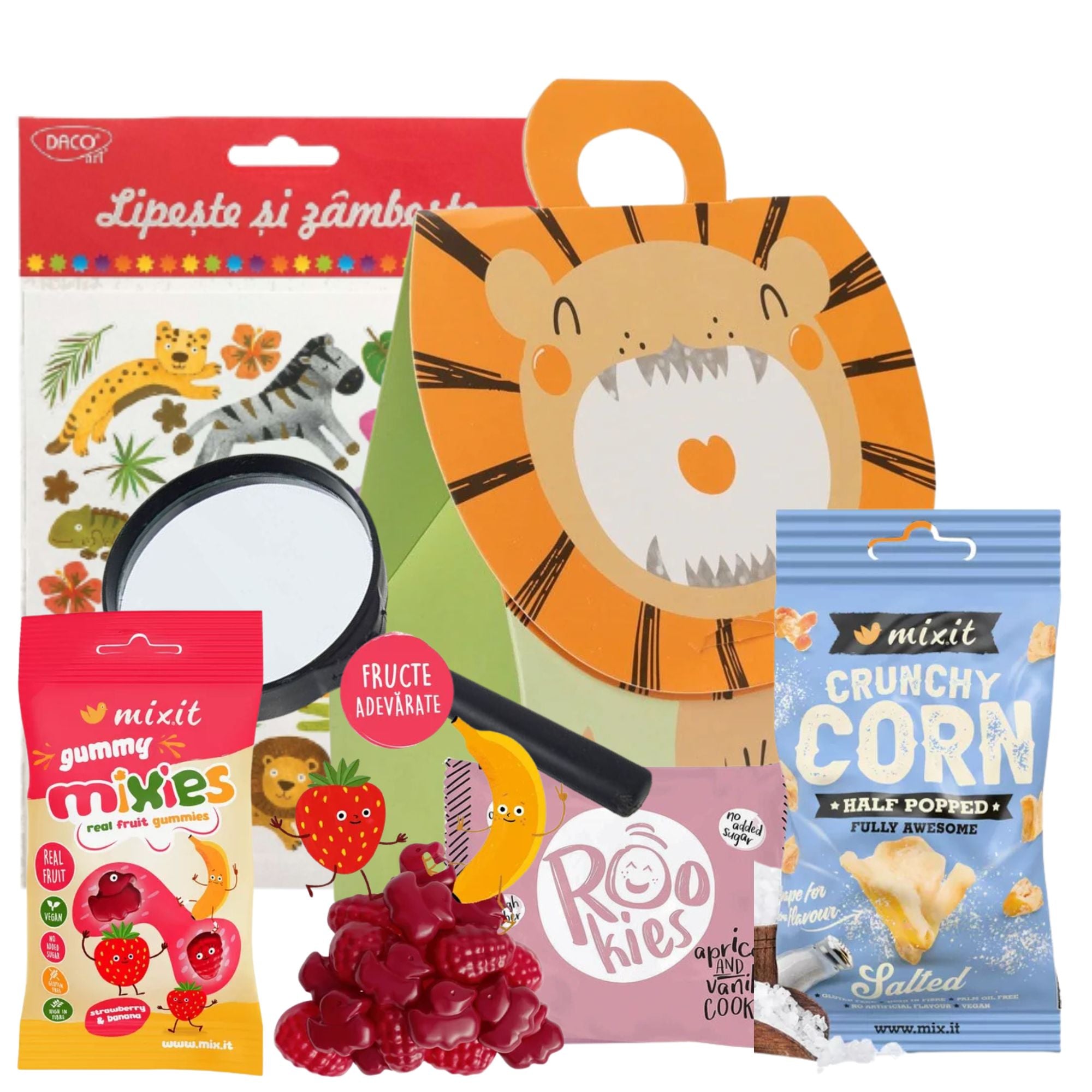 Cadou pentru copii cu gustări naturale, popcorn crocant, jeleuri din fructe, lupă și stickere animale în cutie leu
