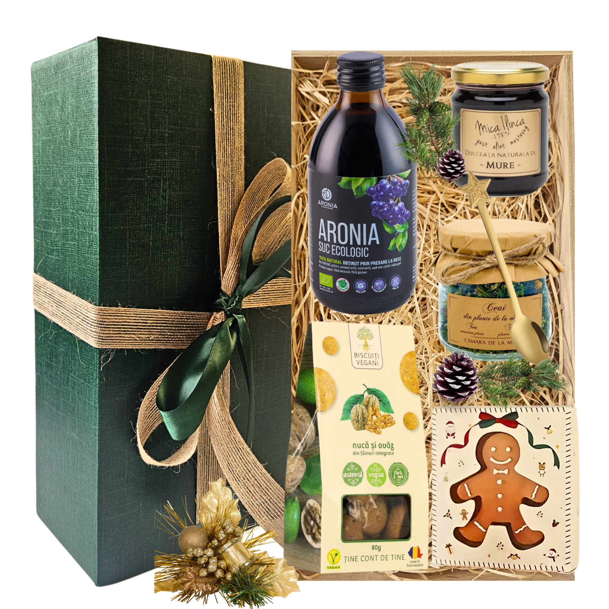 Cadou Crăciun Aronia cu suc ecologic, dulceață de mure, biscuiți vegani și ceai, în cutie festivă