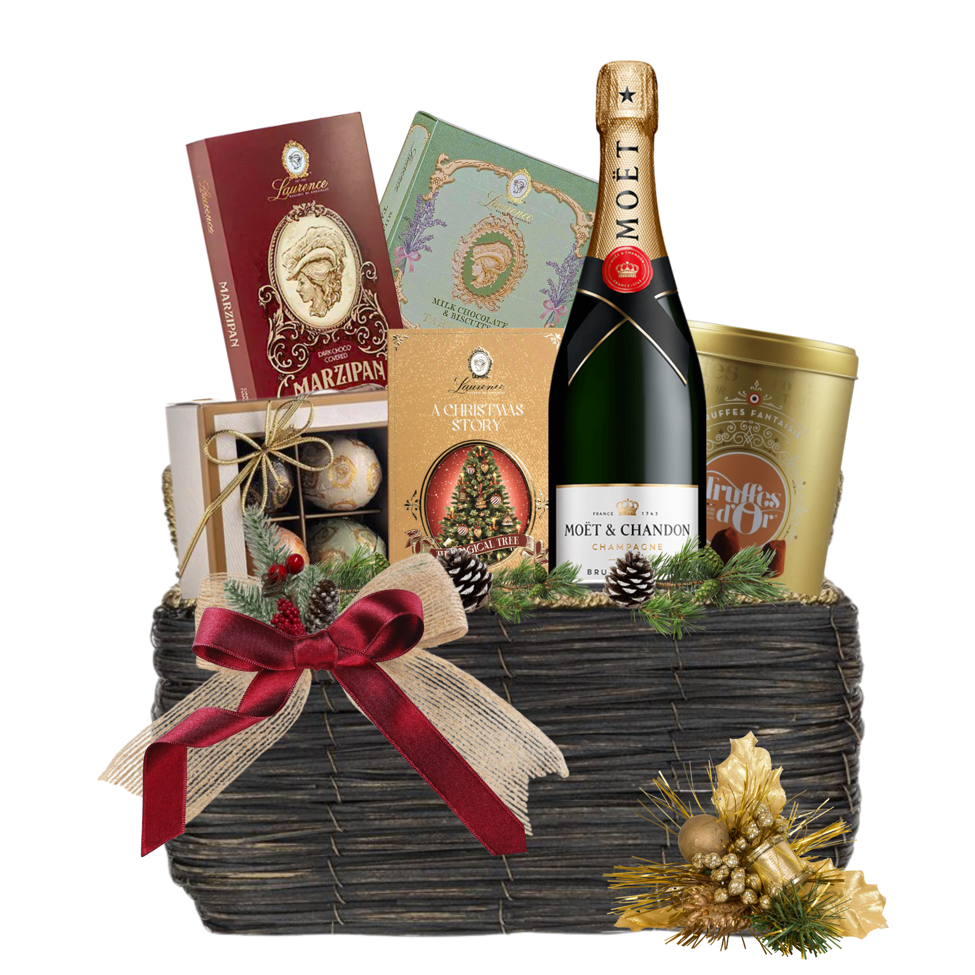 Coș Crăciun cu șampanie Moët & Chandon și dulciuri festive