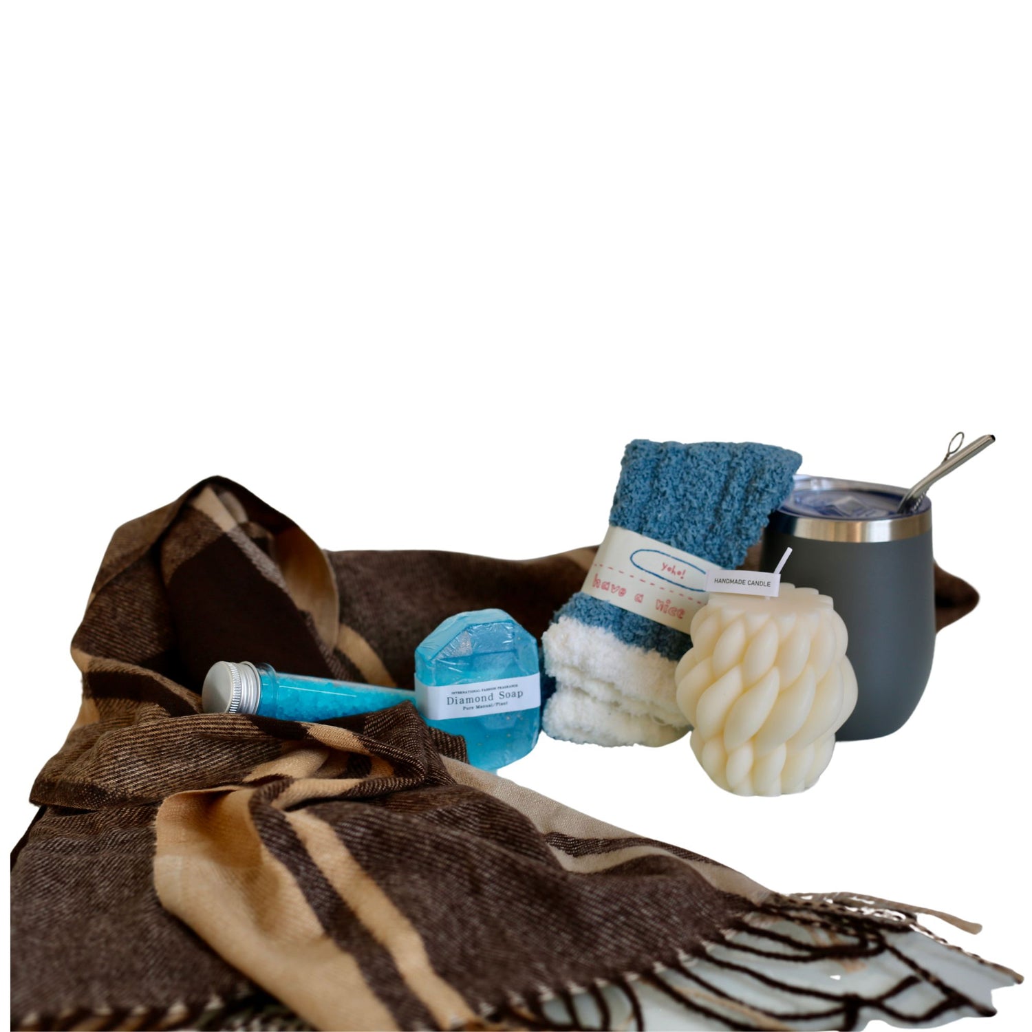 Set Gentleman’s Retreat cu termos izolat, eșarfă, șosete optimiste, sare de baie, săpun diamant și lumânare vanilie 2