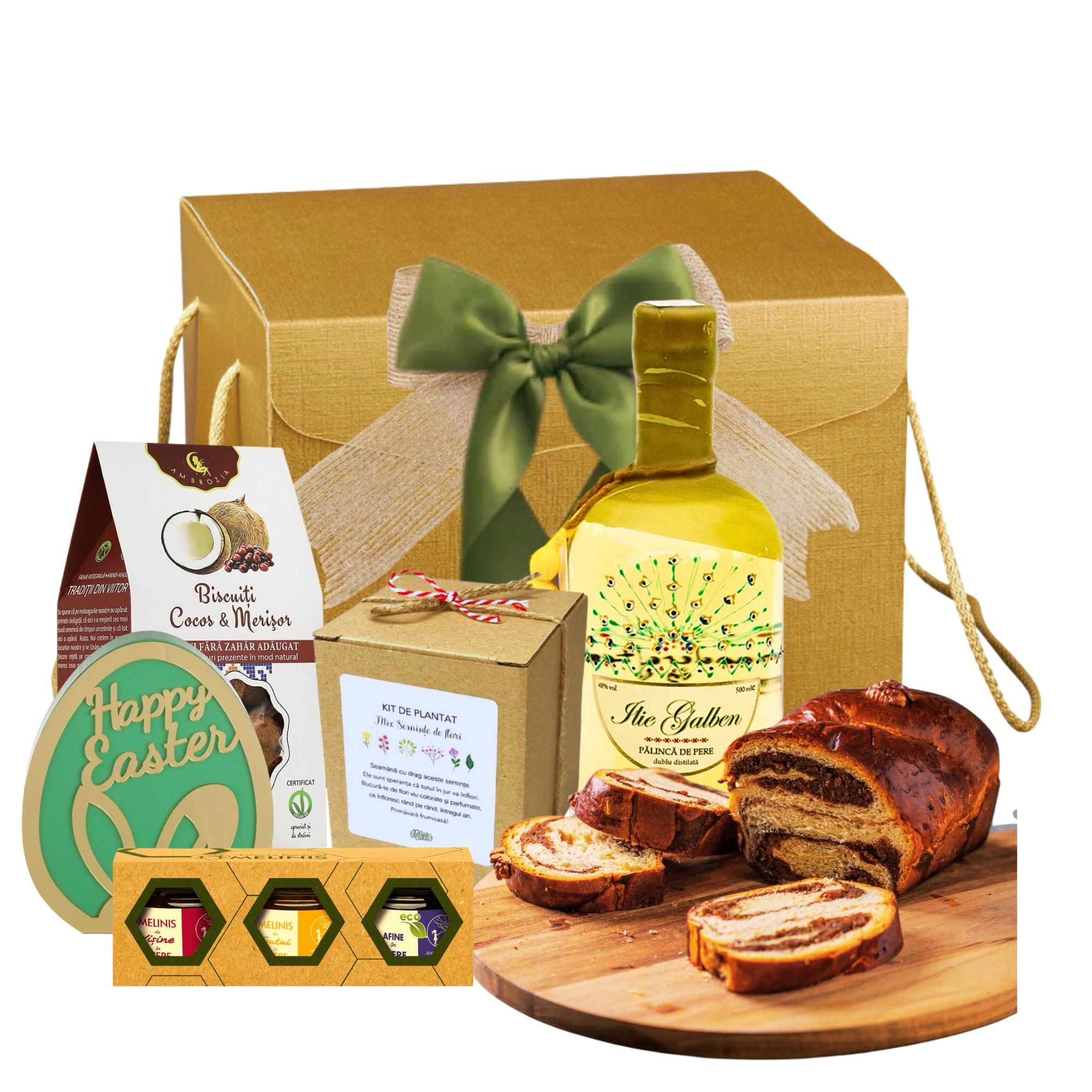 Coș Ilie Galben cu pălincă de pere, biscuiți cu cocos și merișor, cozonac și kit de plantare flori în cutie premium