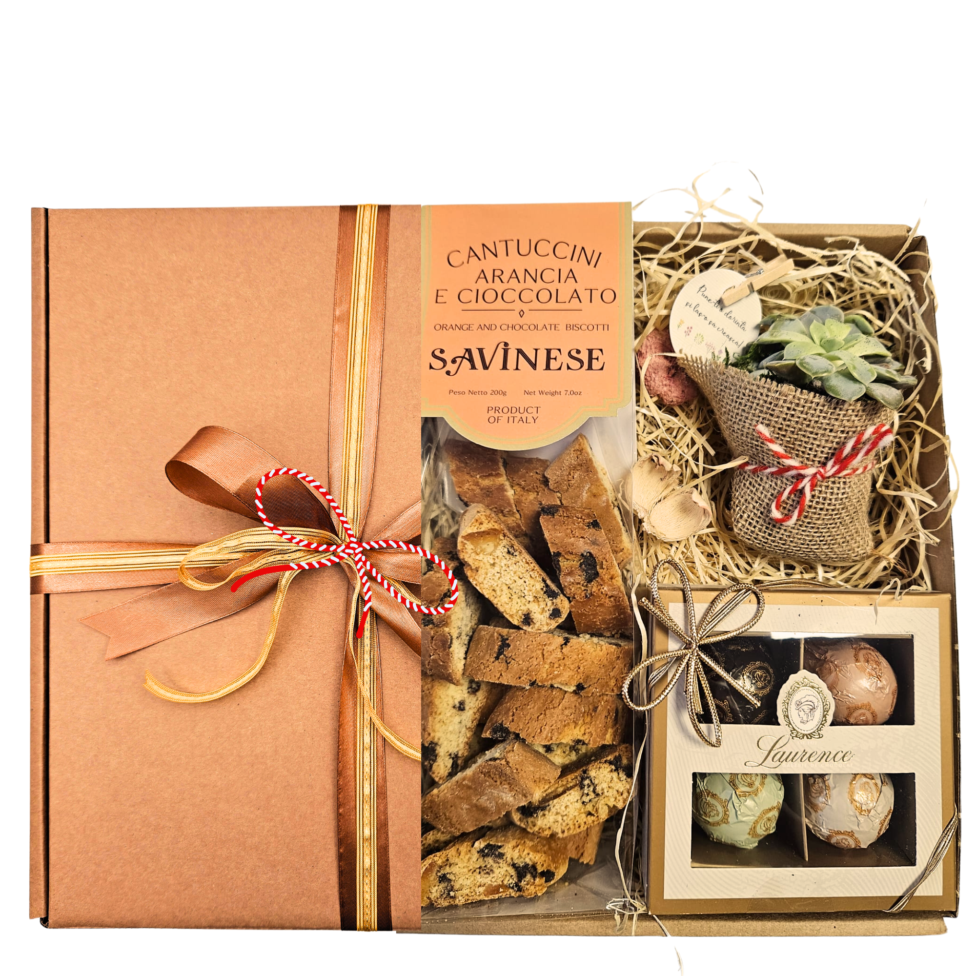 Set Sweet Tooth & Tiny Leaves cu praline, cantuccini și mărțișor suculent în cutie premium