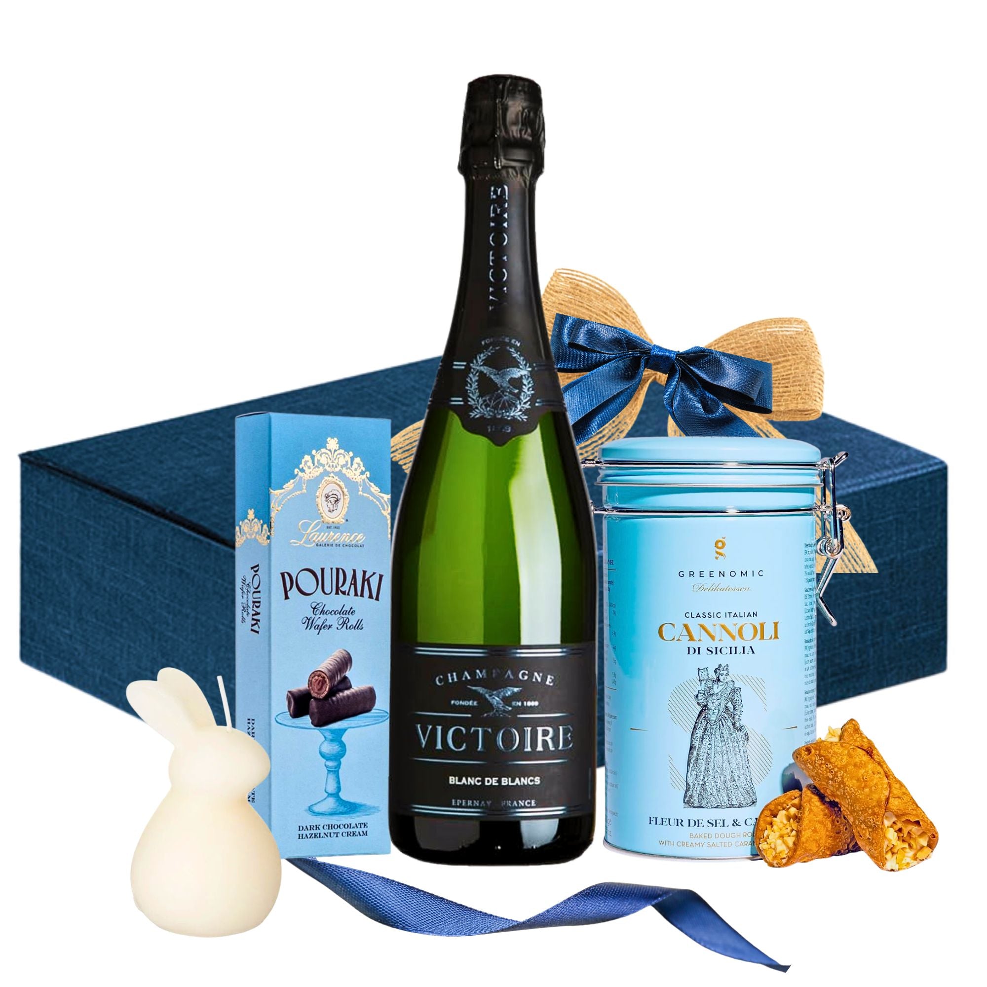 Coș Paște Blanc de Blancs cu șampanie GH Martel și delicii gourmet în ambalaj premium