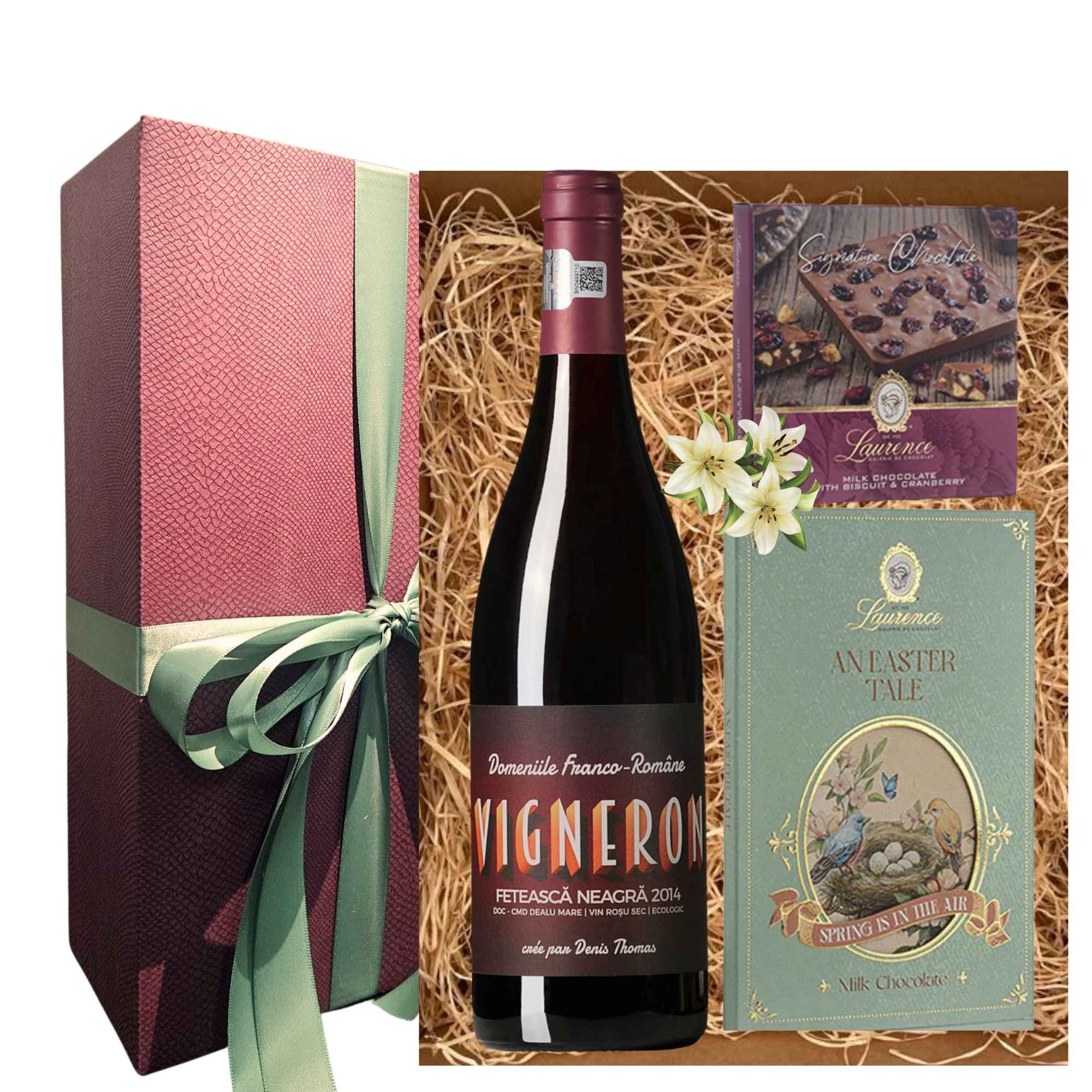 cadou de paste pentru angajati cu vin rosu si ciocolata premium