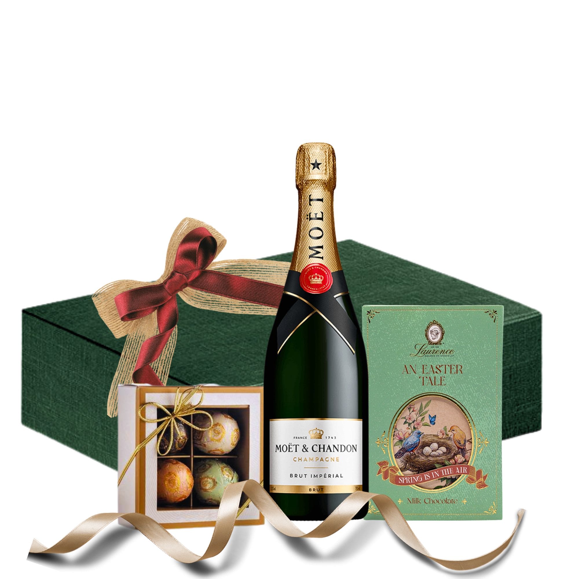 Coș Cadou Paște Moet Royal Treats cu șampanie Moët & Chandon, tarte și praline în cutie premium