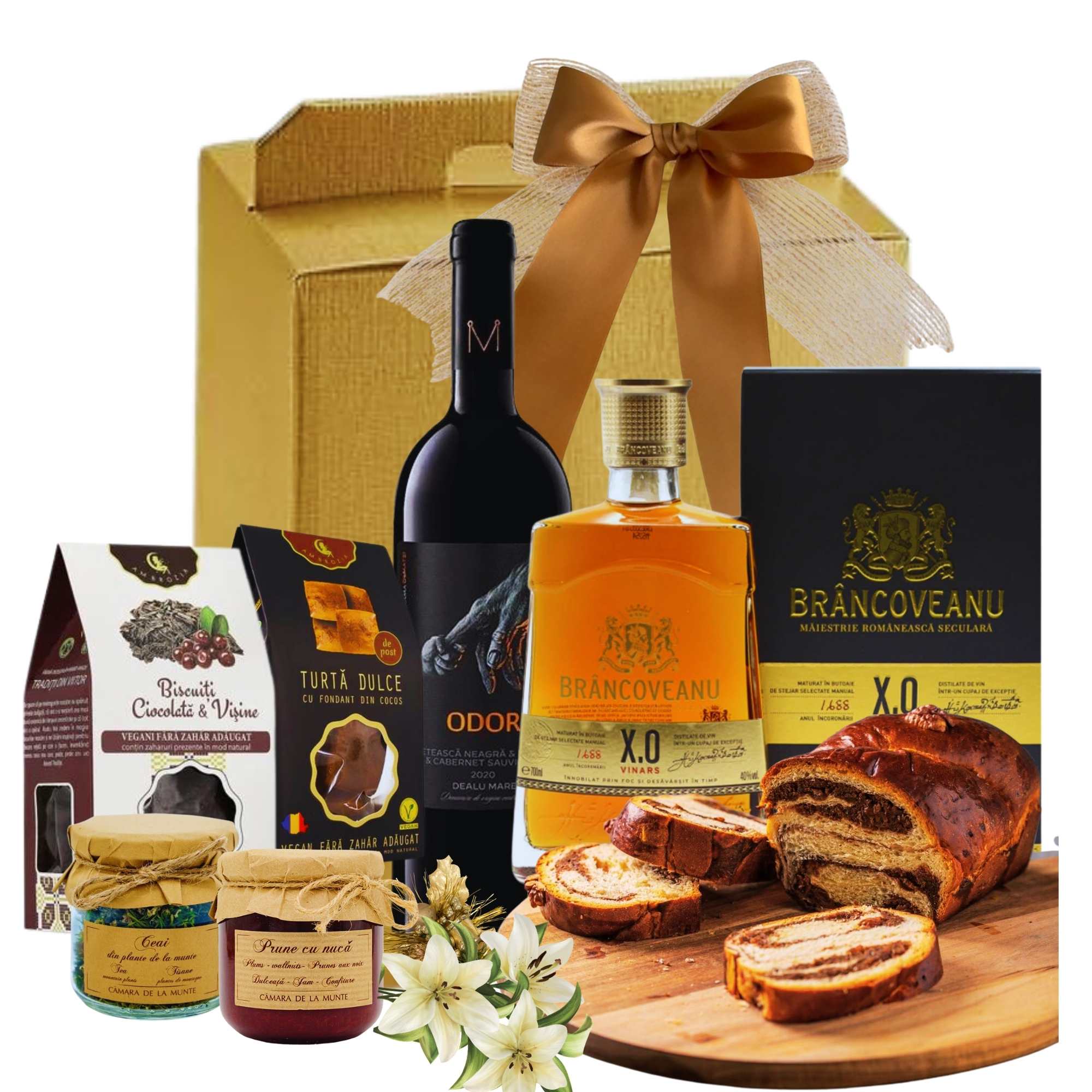 cadou traditional romanesc de paste cu vinars brancoveanu si cozonac