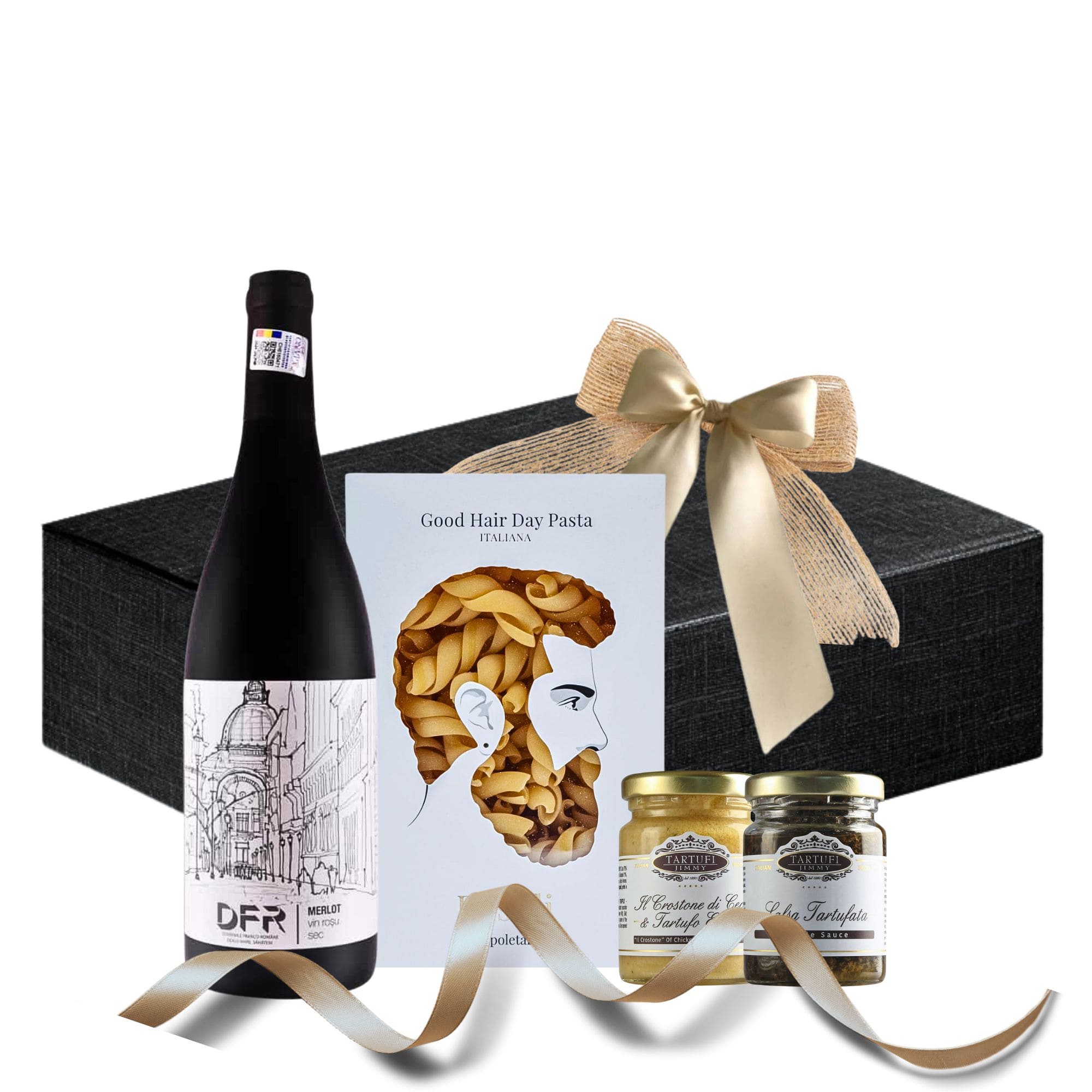 Coș Truffle & Wine Delights cu vin roșu Merlot, salsa tartufată și cremă de năut cu trufe în ambalaj premium