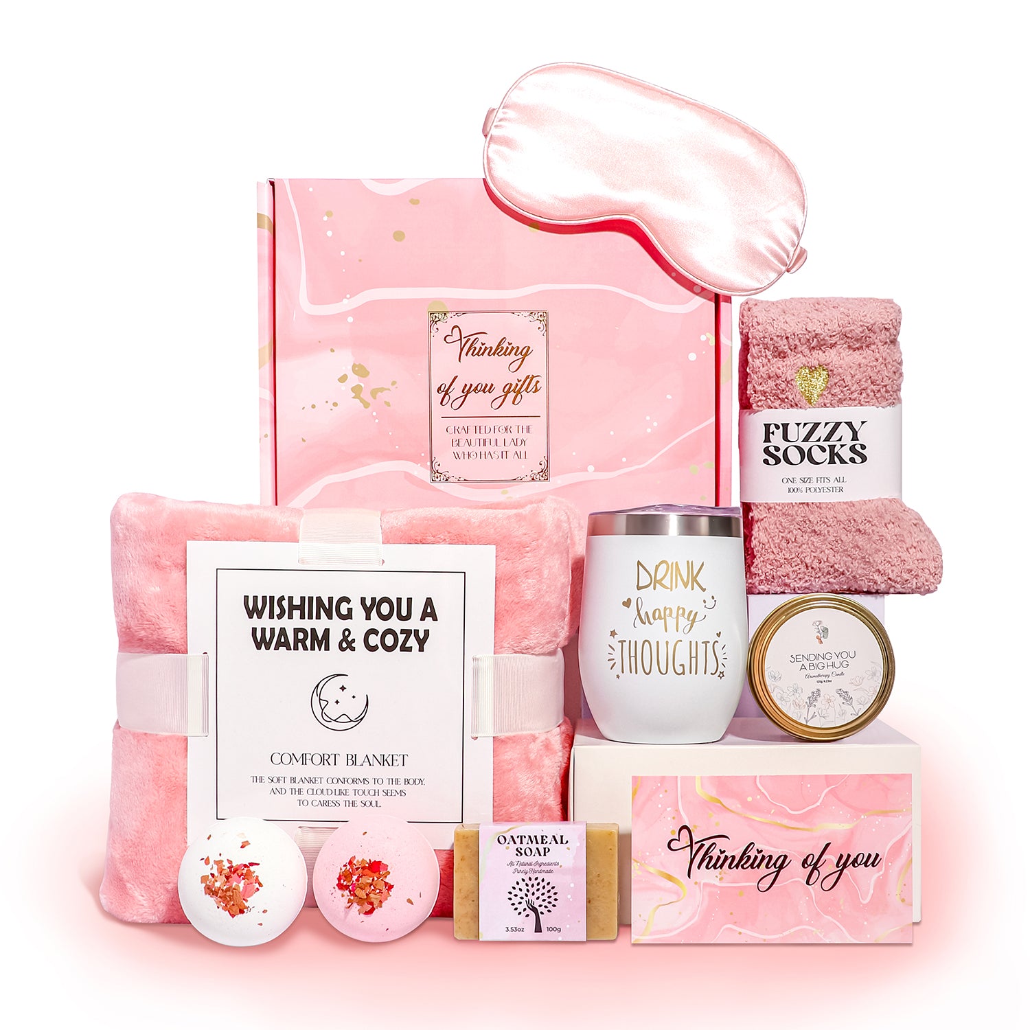 Set Thinking of You cu termos izolat, săpun artizanal, lumânare și pătură pufoasă în cutie premium