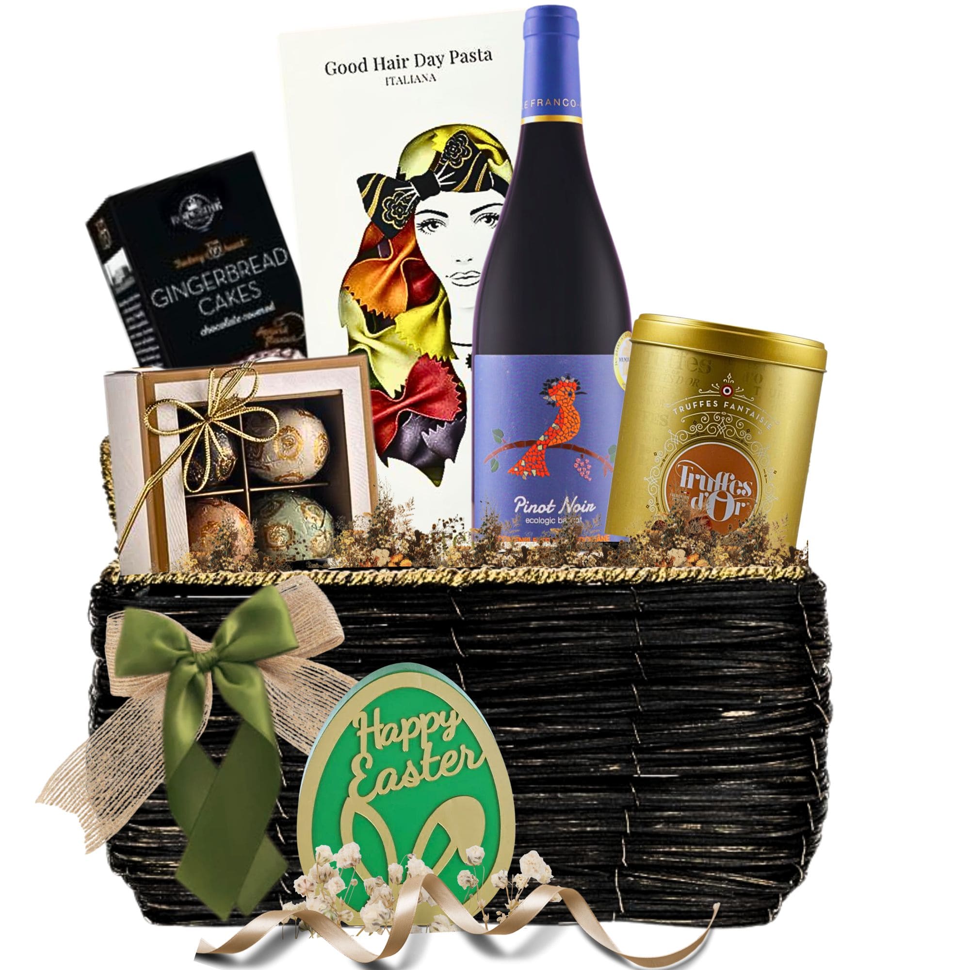 Coș cadou Pinot Noir Gourmet cu vin Heritage Vigneron, paste Butterfly, praline și trufe, ambalat premium