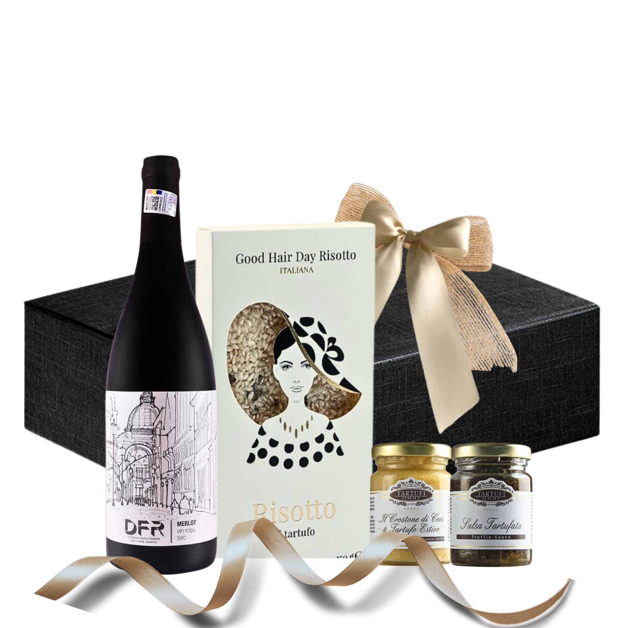 Set cadou Elegant Truffle Dining cu Merlot, risotto și delicatese cu trufe în cutie premium