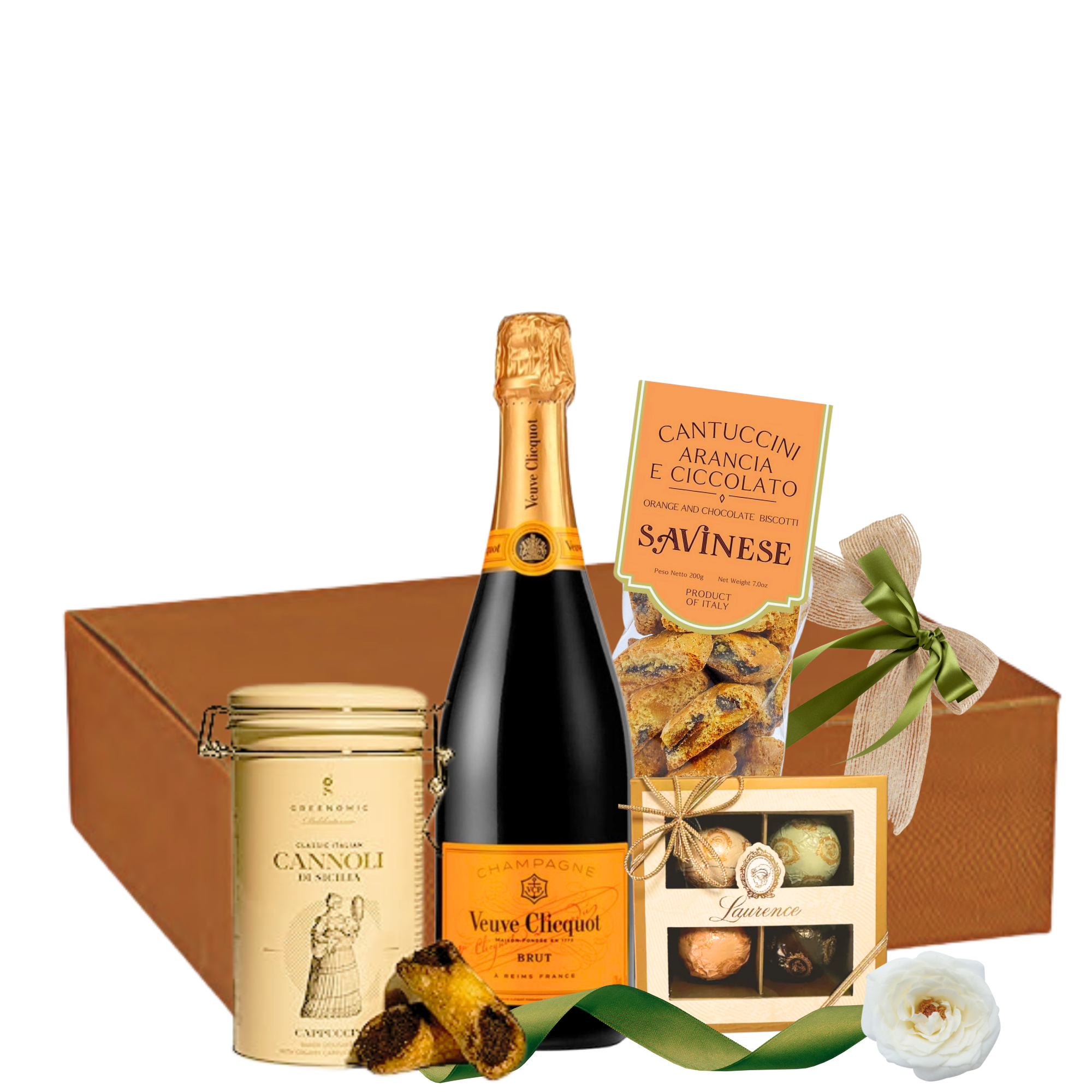 Set Orange Veuve Celebration cu Veuve Clicquot Brut, cannoli, praline și cantuccini în cutie premium
