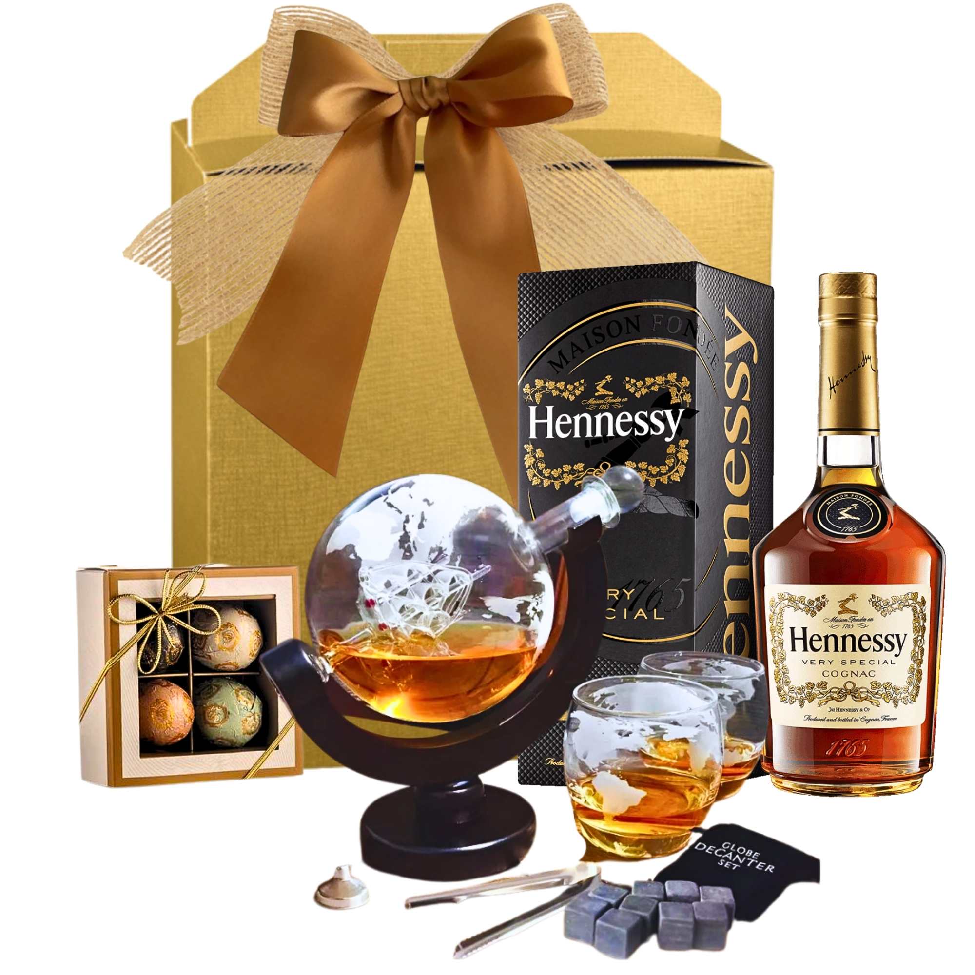 cadouri de paste pentru barbati cu coniac hennessy set decanter si praline premium