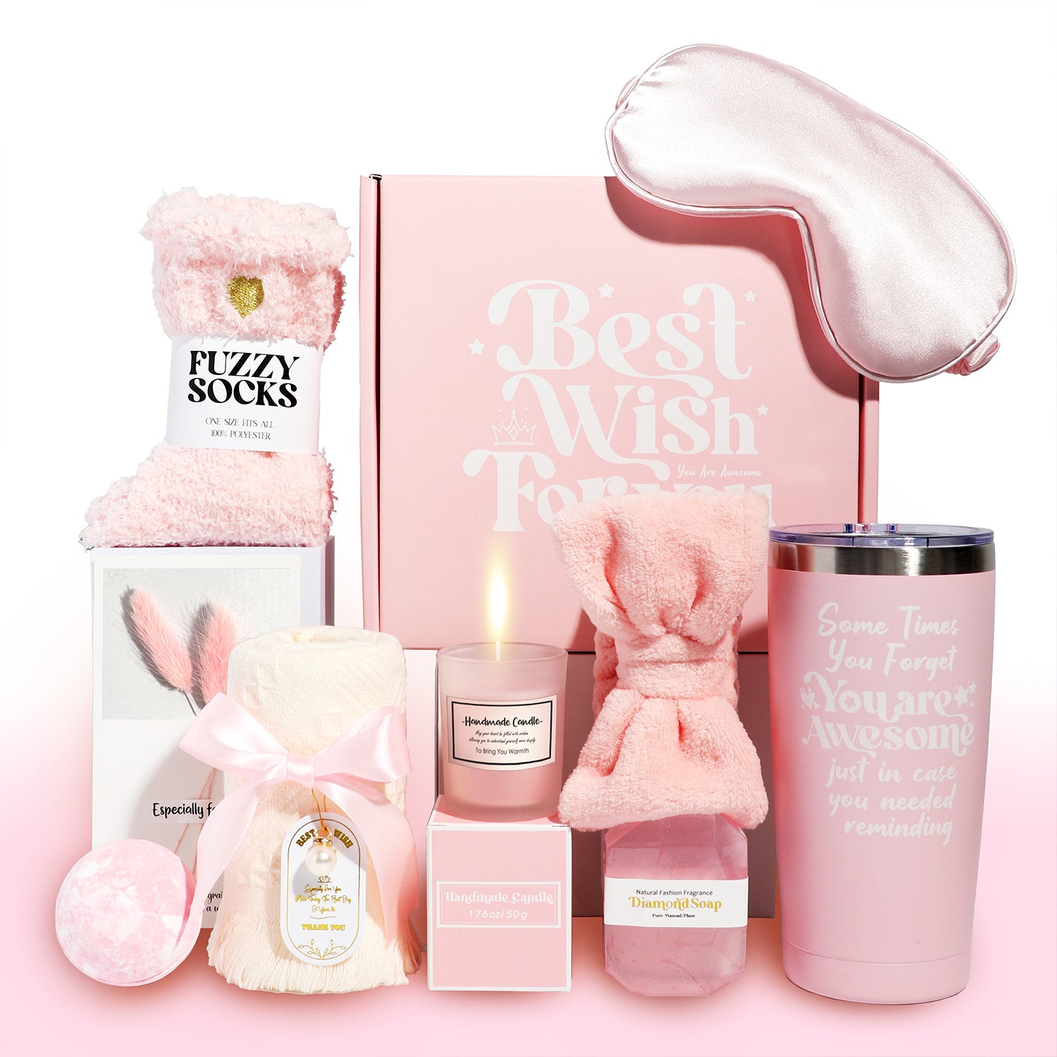 Set Pink Best Wish For You cu termos motivațional, săpun diamant și accesorii de relaxare în cutie premium