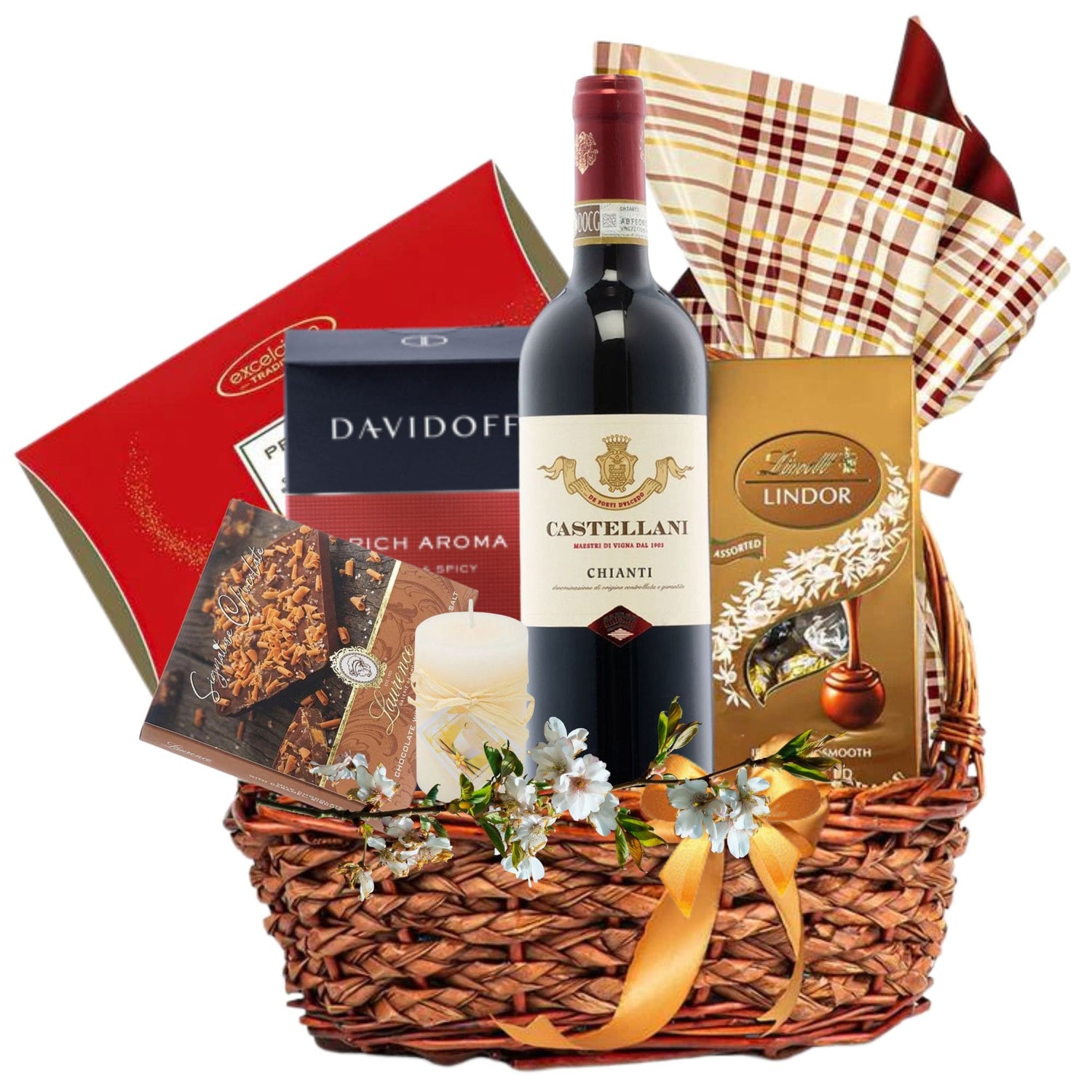 Coș Chianti Moments cu vin roșu Bordeaux, cafea Dolce Bacio și praline Excelcium