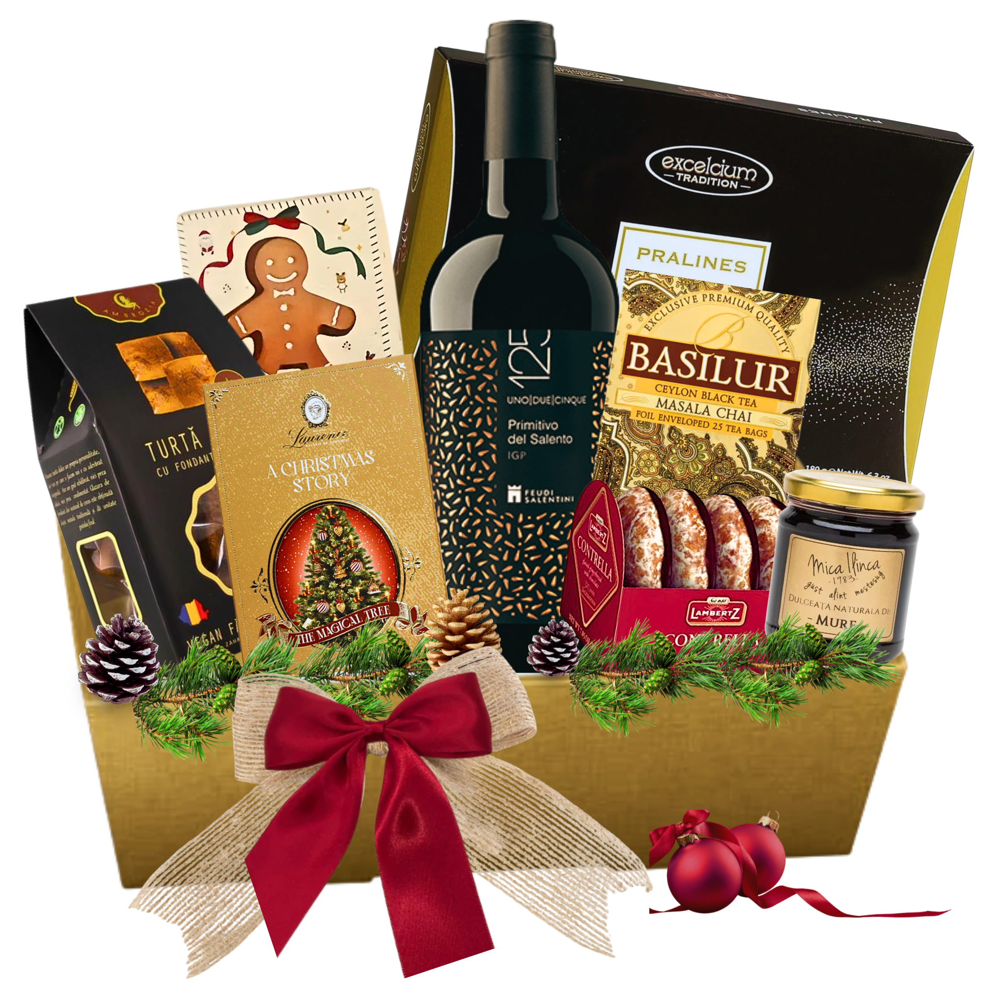 Cos cadou Primitivo Gold cu vin roșu, praline și selecție gourmet în prezentare festivă