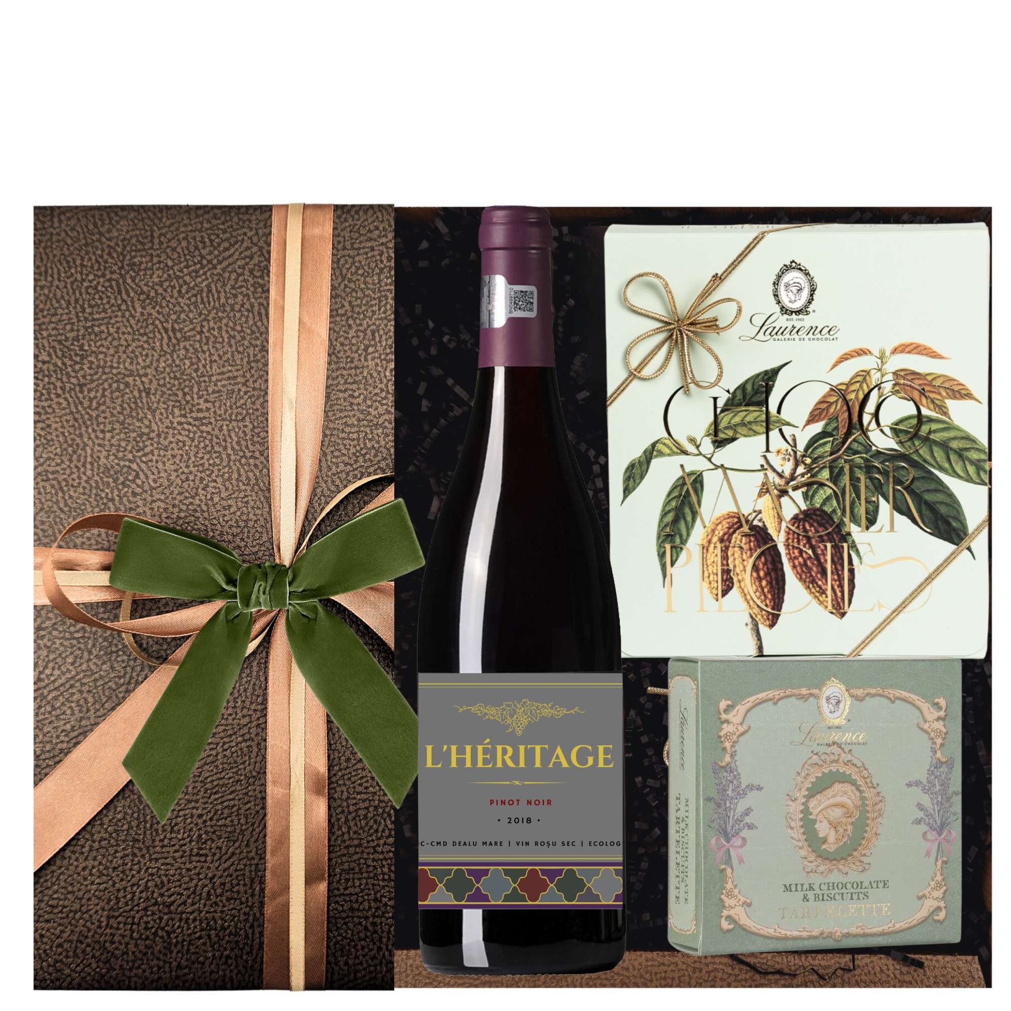 cos cadou de pasti cu vin rosu lheritage si selectie premium de ciocolata laurence