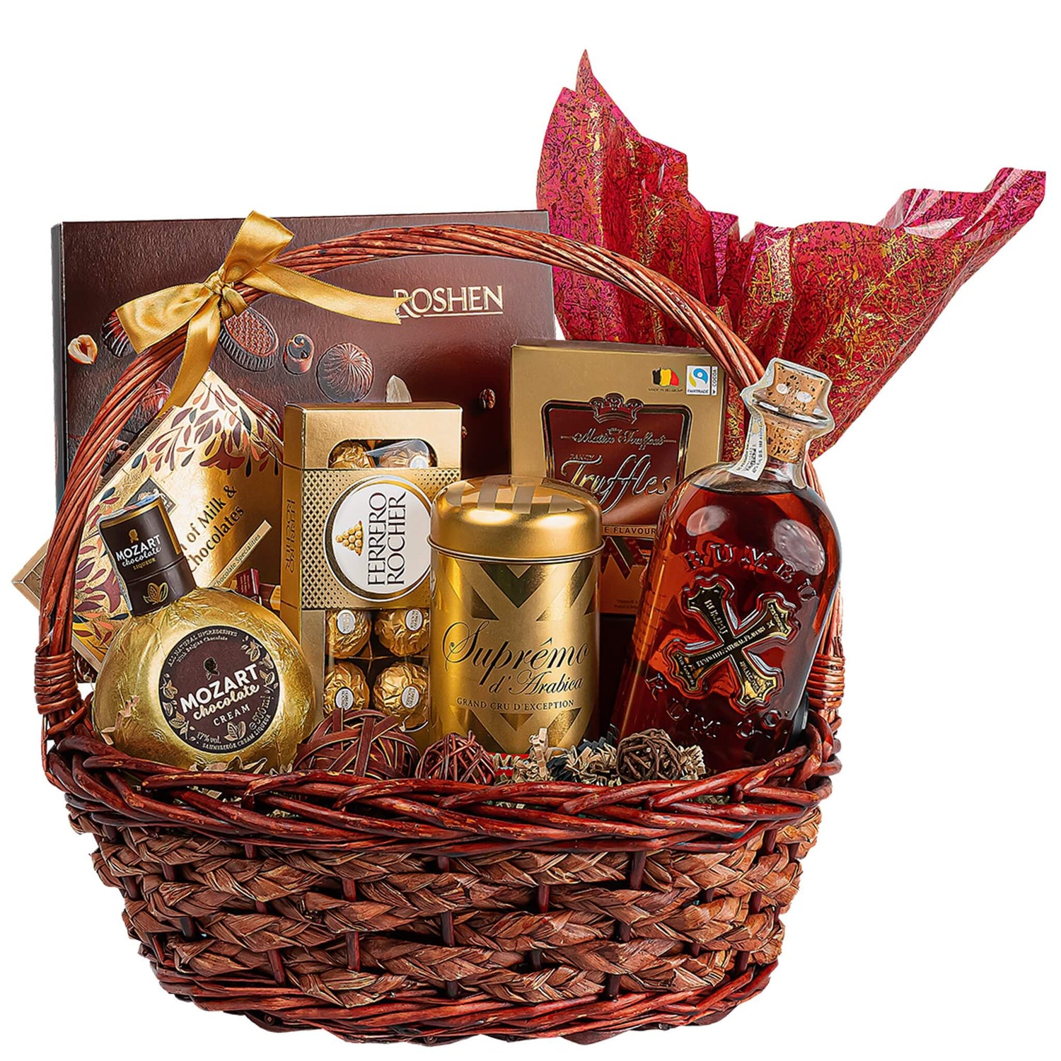 Coș Gold Mozart cu rom Bumbu, lichior Mozart, cafea Malongo, praline Roshen, Ferrero Rocher, trufe cafea și panettone într-un coș premium