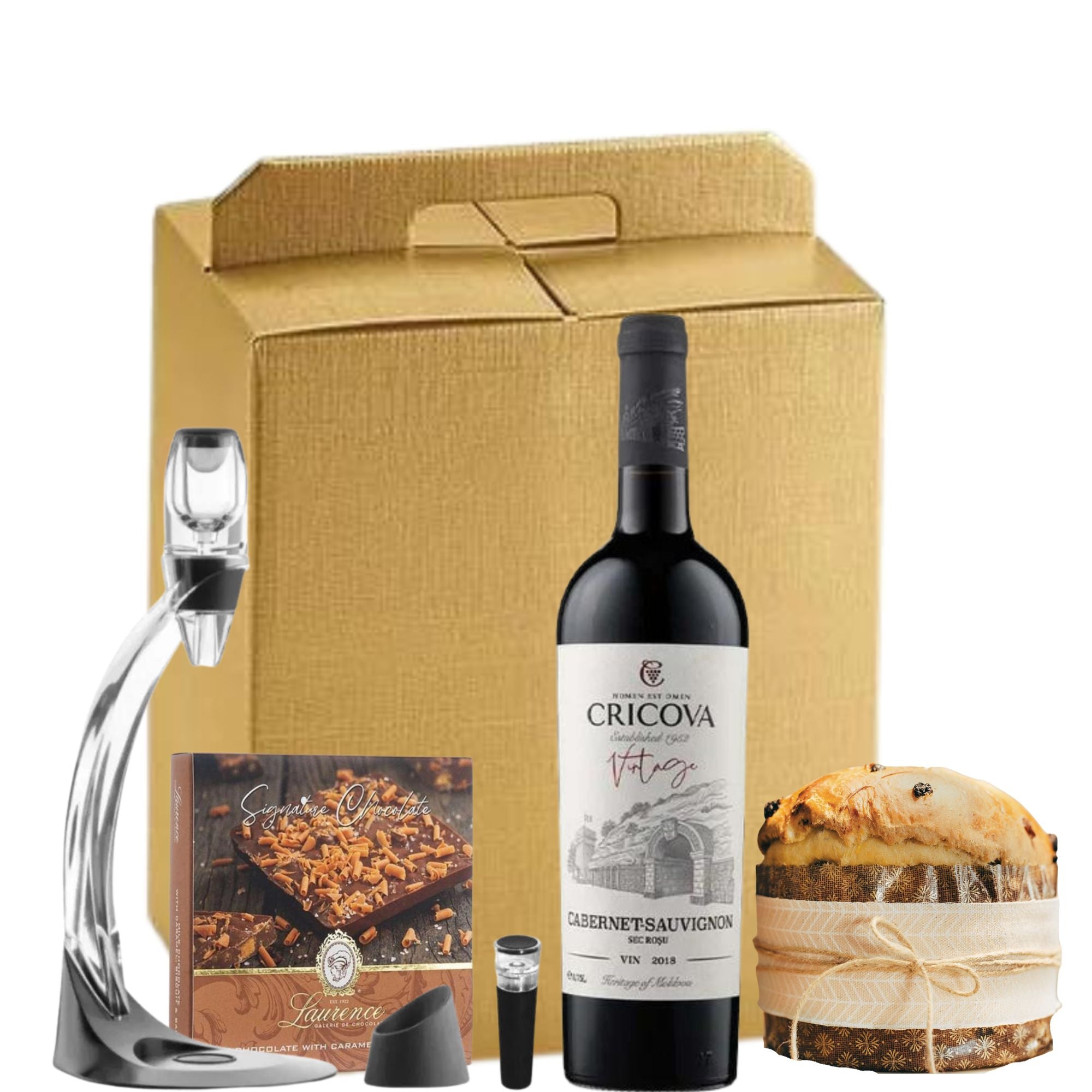 Cutie Gourmet & Vintage Collection cu vin Cricova Cabernet Sauvignon Vintage, panettone, decantor arcuit și ciocolată Laurence