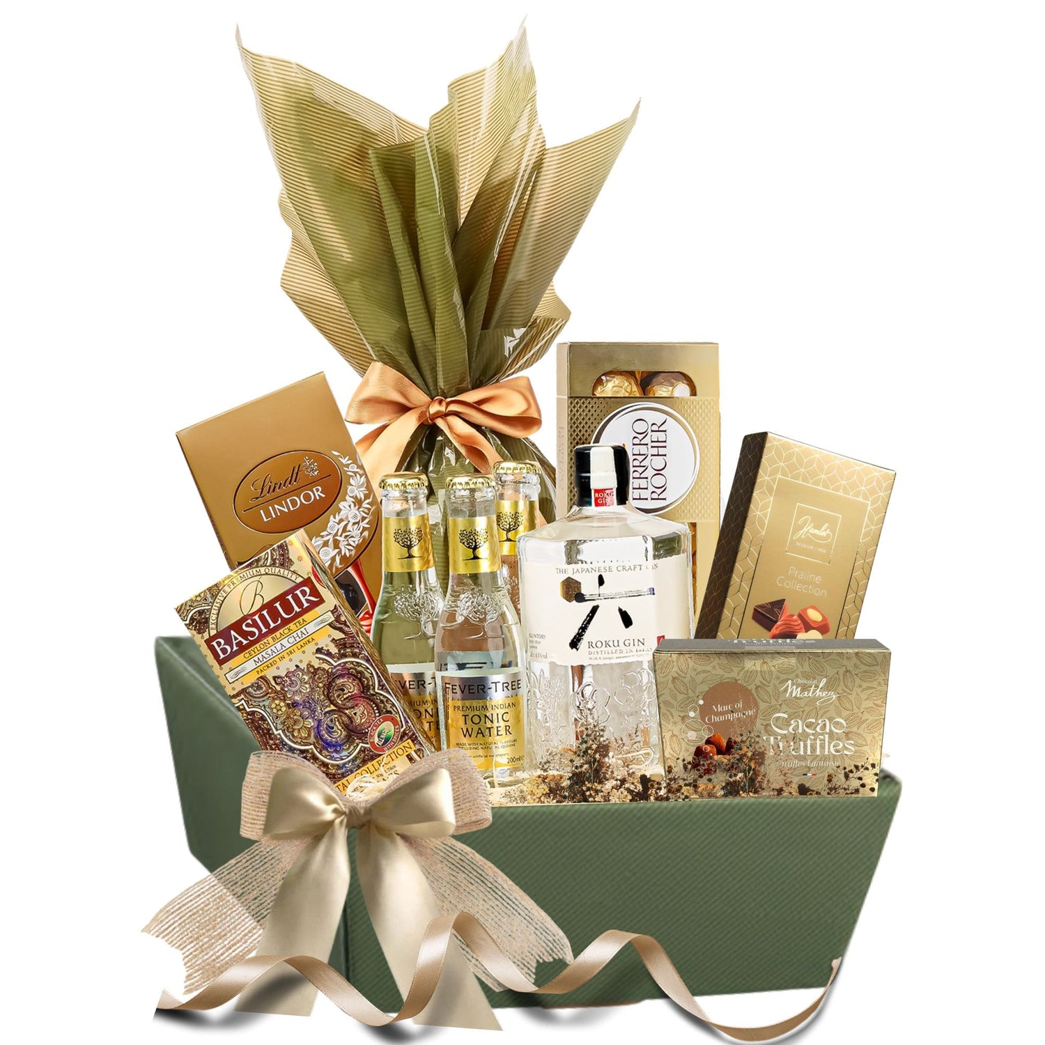 Coș Let the Fun BE-GIN cu gin Roku, tonic Fever Tree, praline și trufe într-o tăviță cadou elegantă