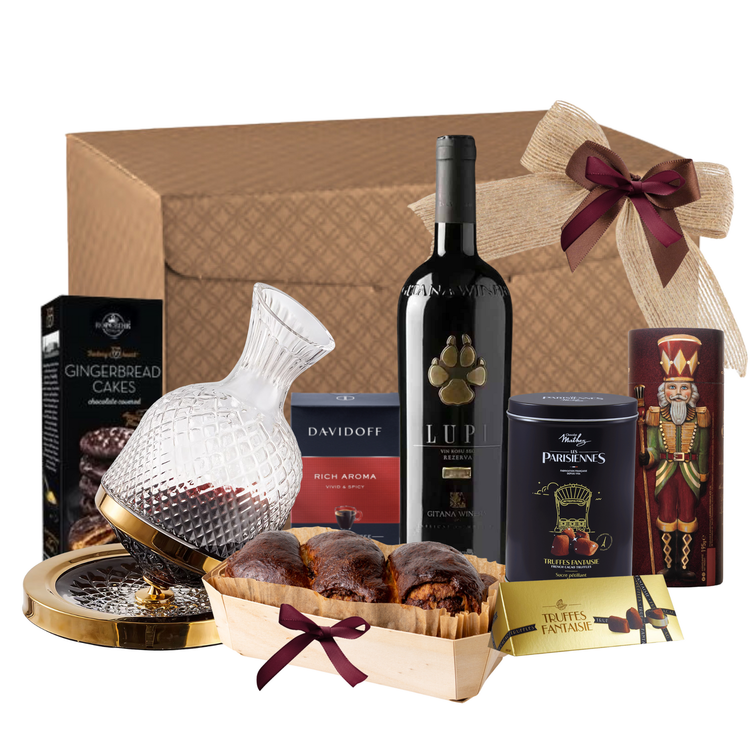 Coș Lupi Gitana Elegance cu vin Gitana, decantor rotativ și delicii trufate în ambalaj premium