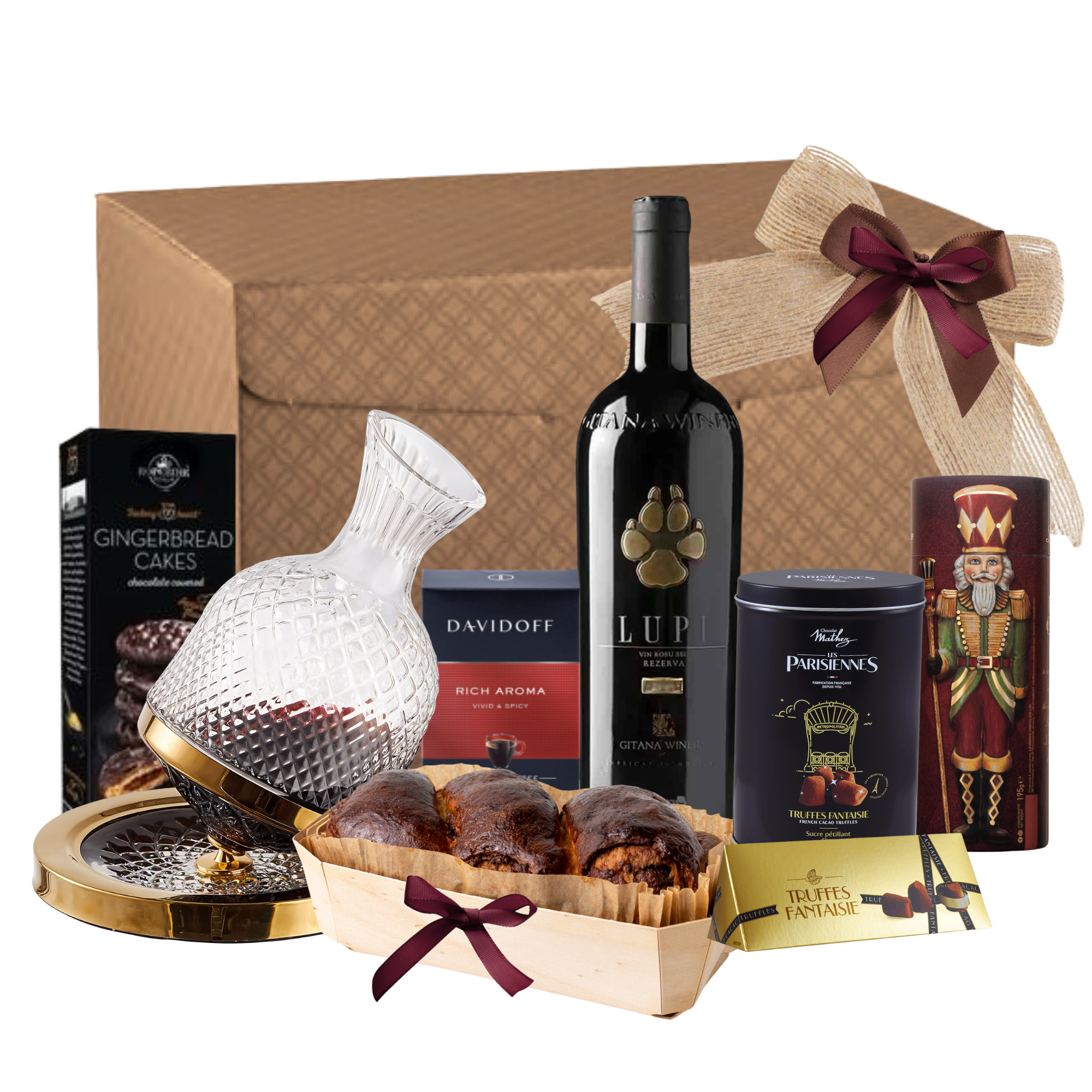 Coș Lupi Gitana Elegance cu vin Gitana, decantor rotativ și delicii trufate în ambalaj premium