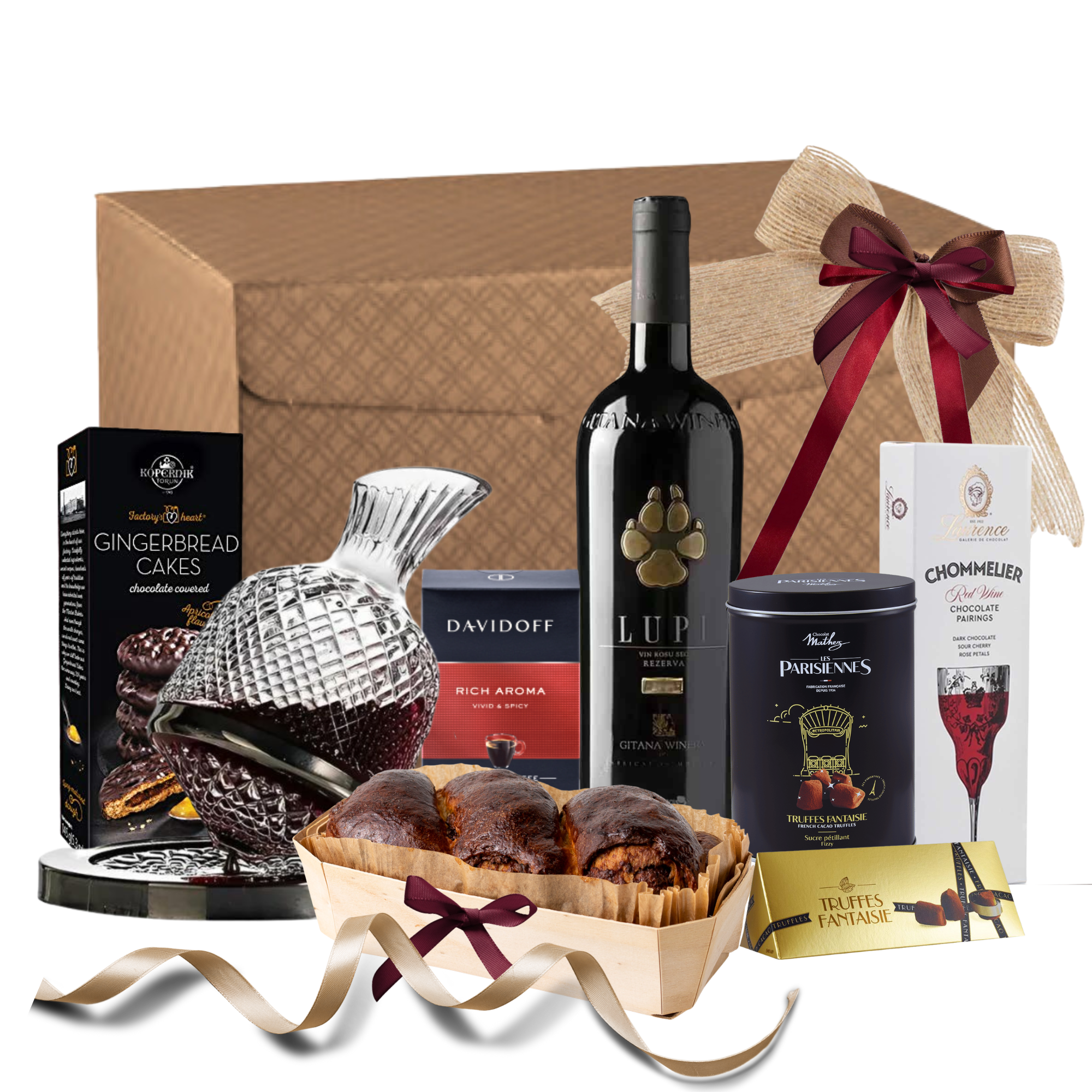 Coș Lupi Gitana Elegance cu vin Gitana, decantor rotativ și delicii trufate în ambalaj premium