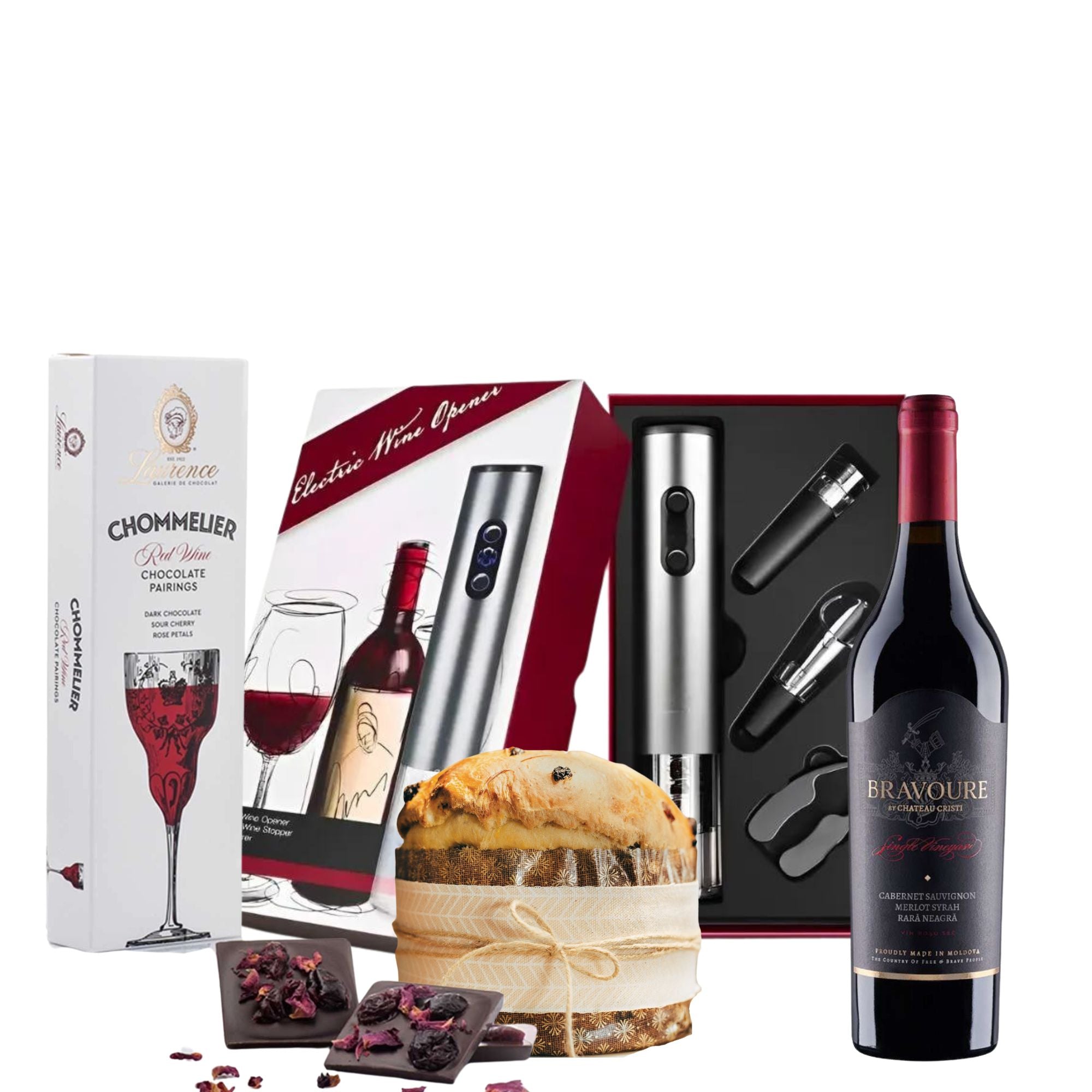 Luxe Celebration Ensemble cu vin Chateau Cristi Bravoure, tirbușon electric, panettone și ciocolată Laurence în cutie premium
