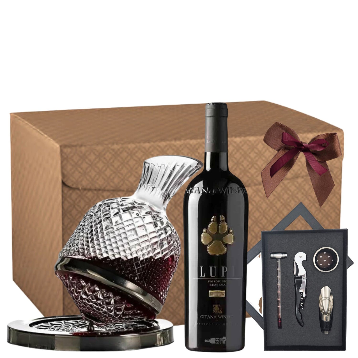 Luxury Sommelier Set cu vin Gitana Lupi, decantor rotativ, set accesorii și ciocolată Laurence în cutie premium
