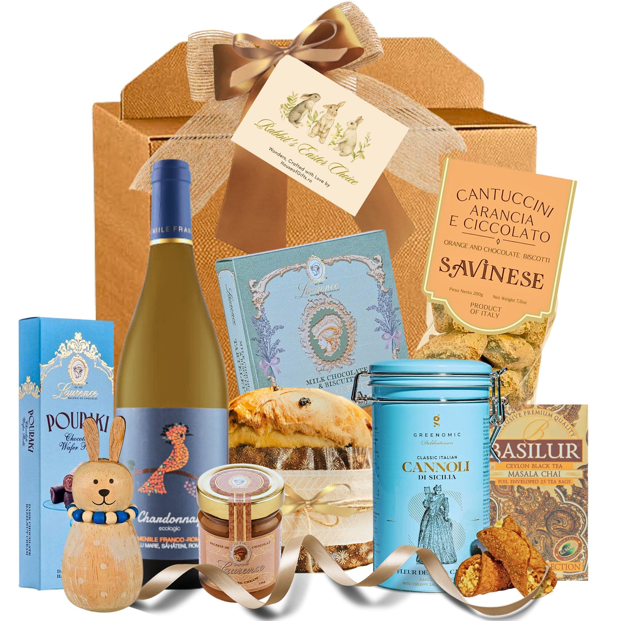 Coș Palette of Pleasures cu Heritage Vigneron Chardonnay, dulciuri gourmet și decorațiune “Iepure” în ambalaj premium