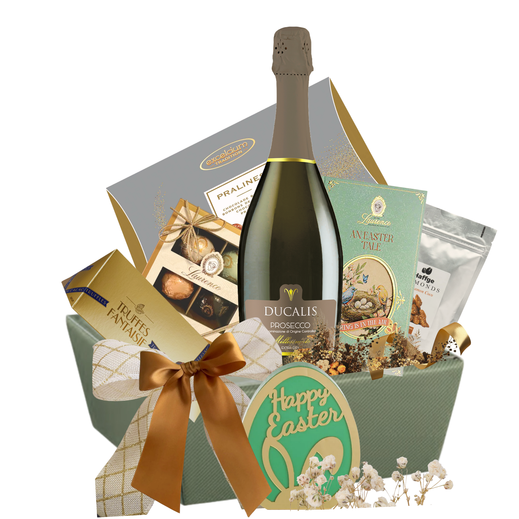 Coș Sparkling Celebration cu spumant alb, trufe, praline și decor „Happy Easter”