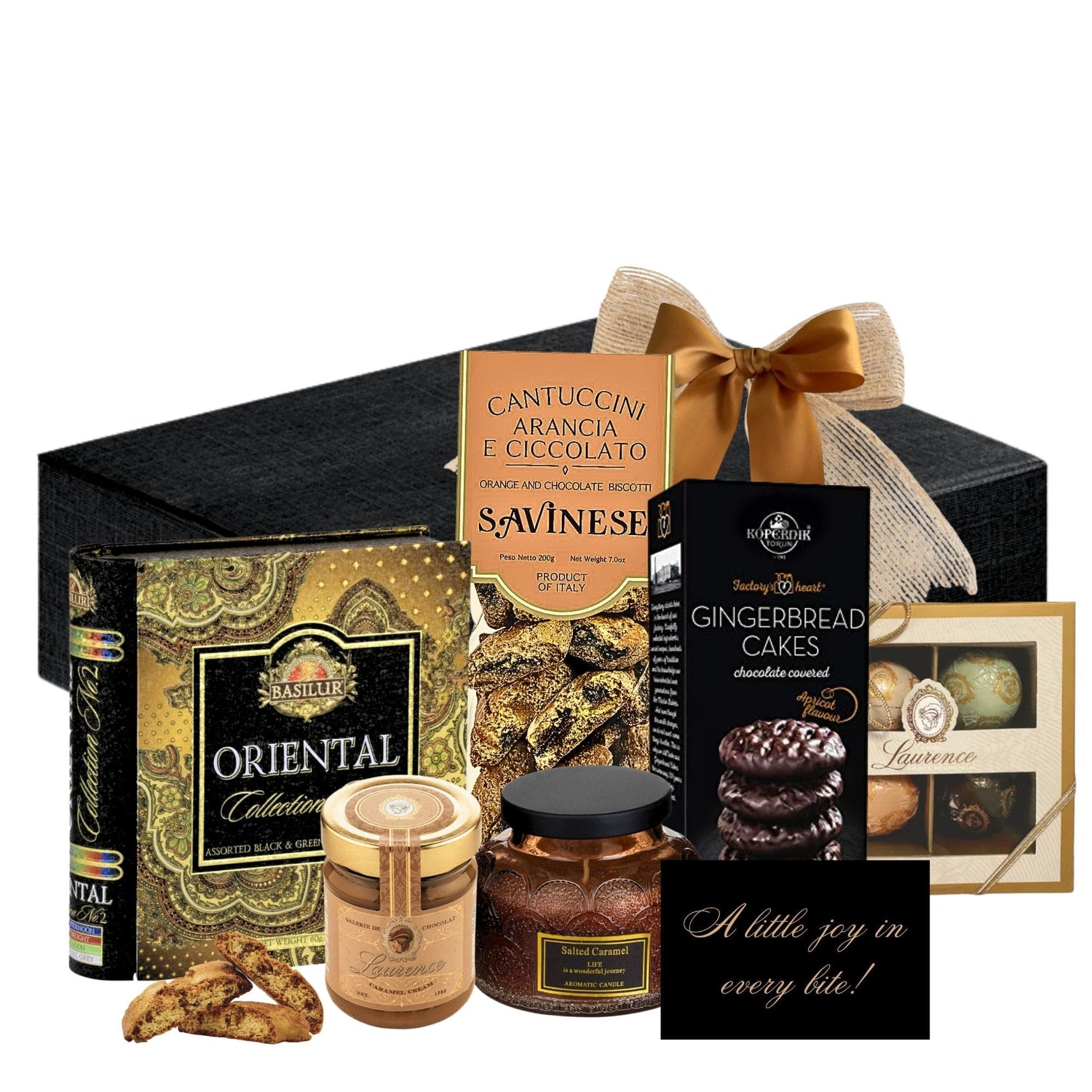 Cadou Prestige Treats cu ceai Basilar, caramel gourmet, cantuccini și lumânare parfumată
